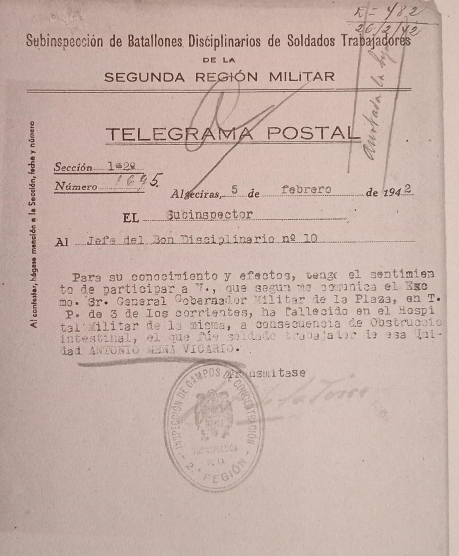 Telegrama postal militar acreditando el fallecimiento de Antonio Mena Vicario