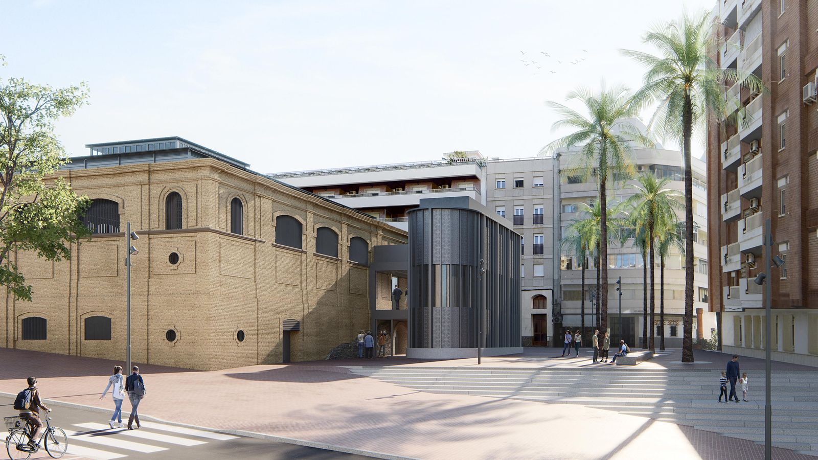 Recreación del módulo anexo que se levantará en la plaza Dos de Mayo, con el edificio del antiguo mercado ya restaurado.