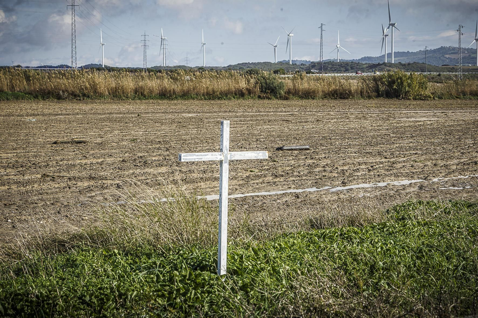 Una finca anegada en el término de Conil presidida por una cruz.