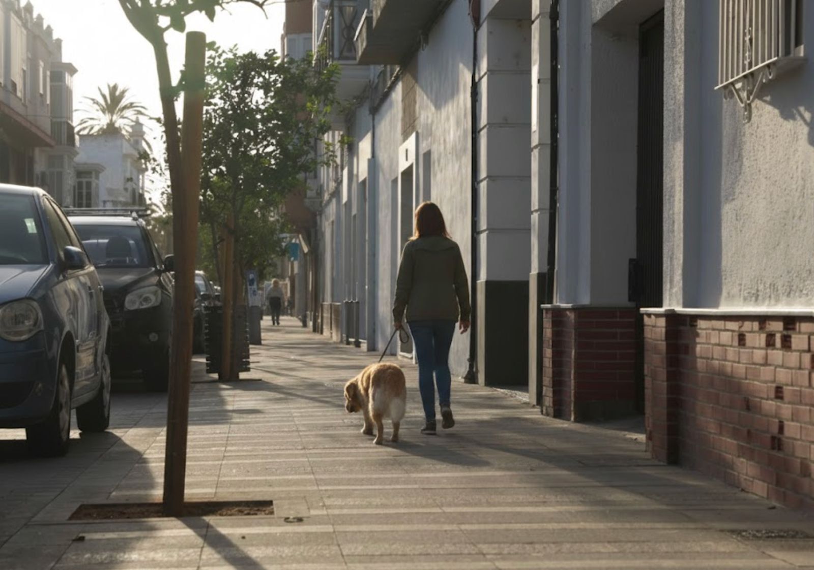 Una chiclanera paseando a su perro.