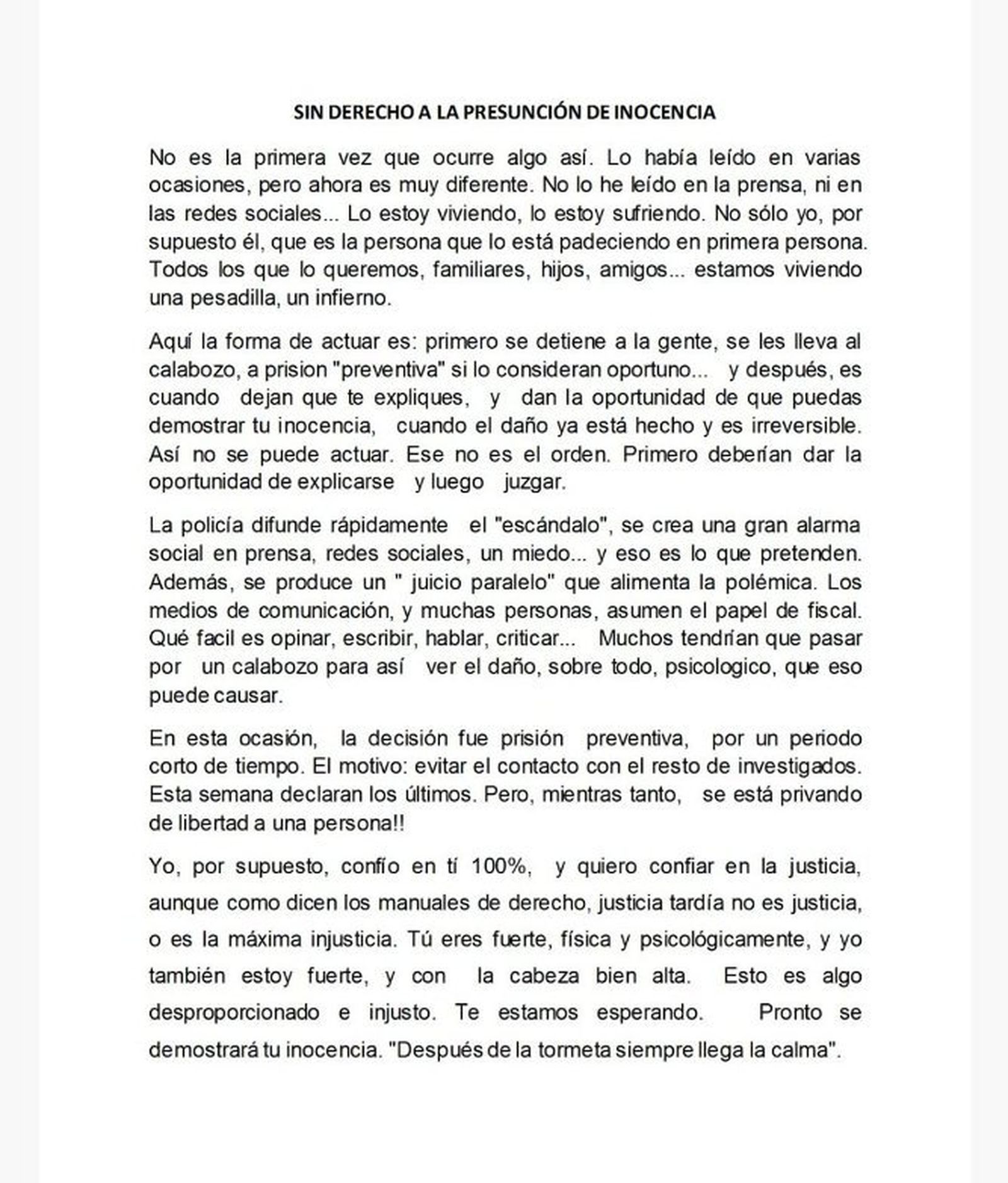 Carta de la mujer de Quique Pina