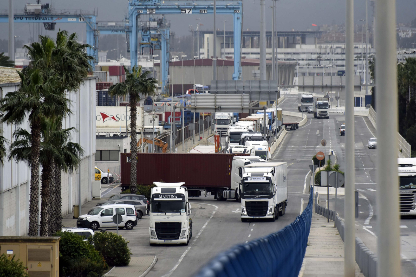 Trasiego de camiones en el acceso a la terminal de contenedores de APM Terminals.