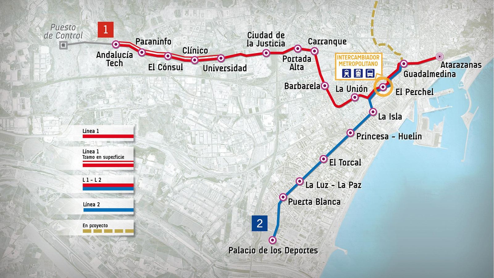 Mapa de las líneas 1 y 2 del Metro de Málaga.