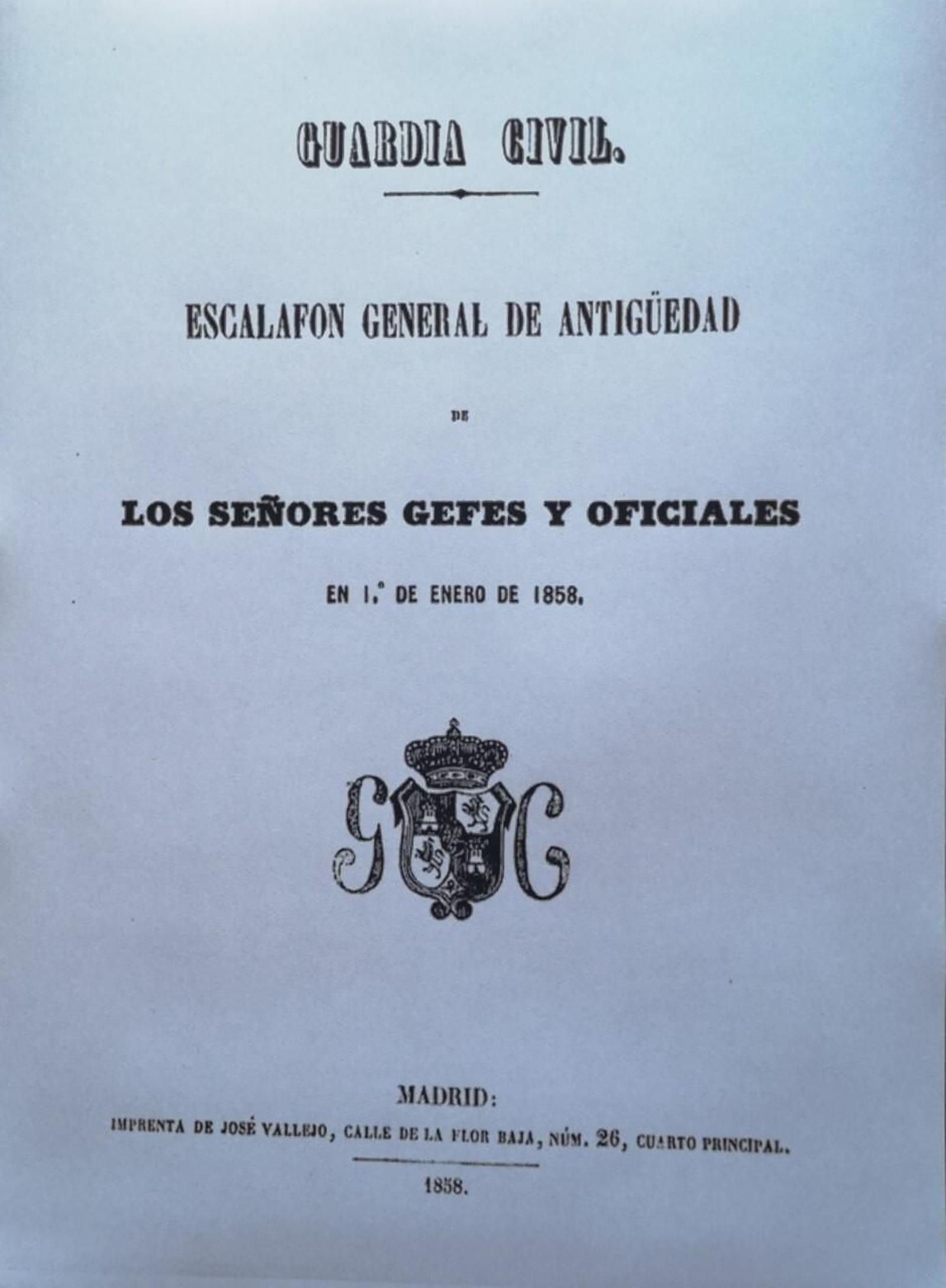 Primer escalafón de la Guardia Civil (1858) donde aparece Miguel Guzmán Cumplido.