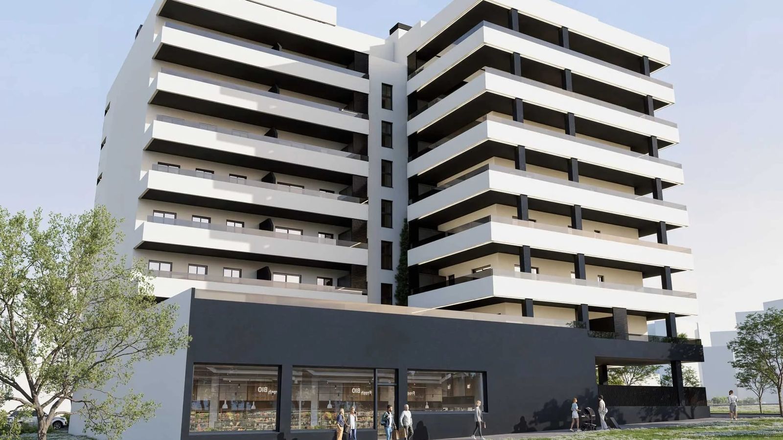 Fachada dirección oeste del residencial Francisco Gallardo de Ygabsa en Almería.