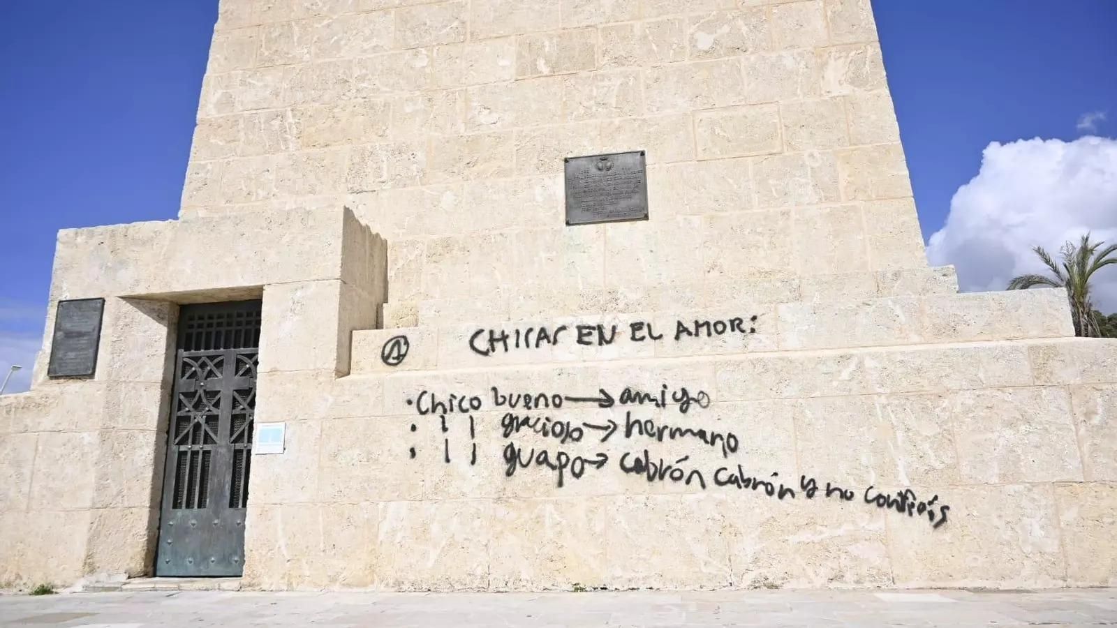 Pintadas de uno de los laterales de la base del Monumento a Colón.