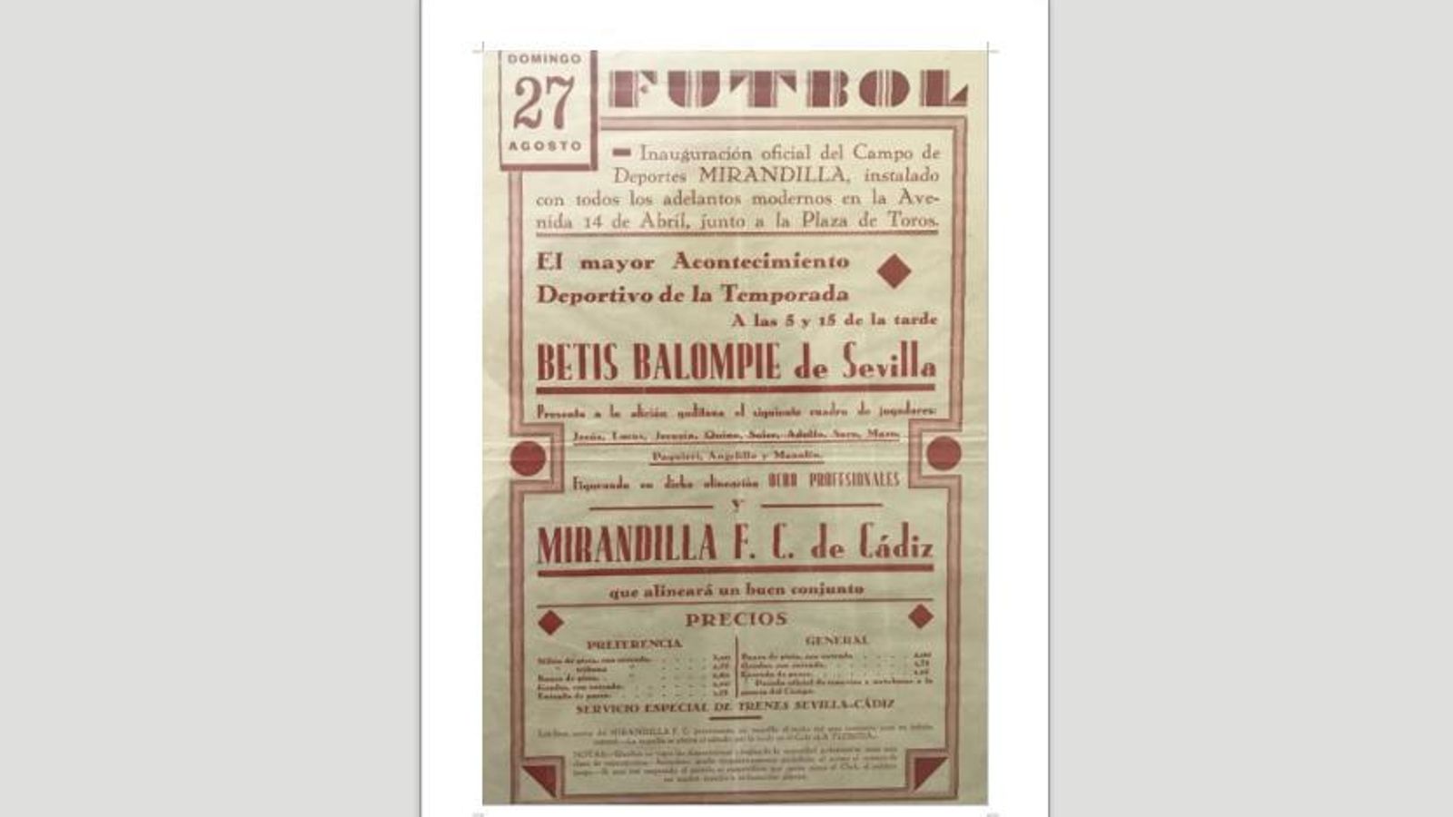Cartel de la inauguración del Campo de Deportes Mirandilla, en 1933.