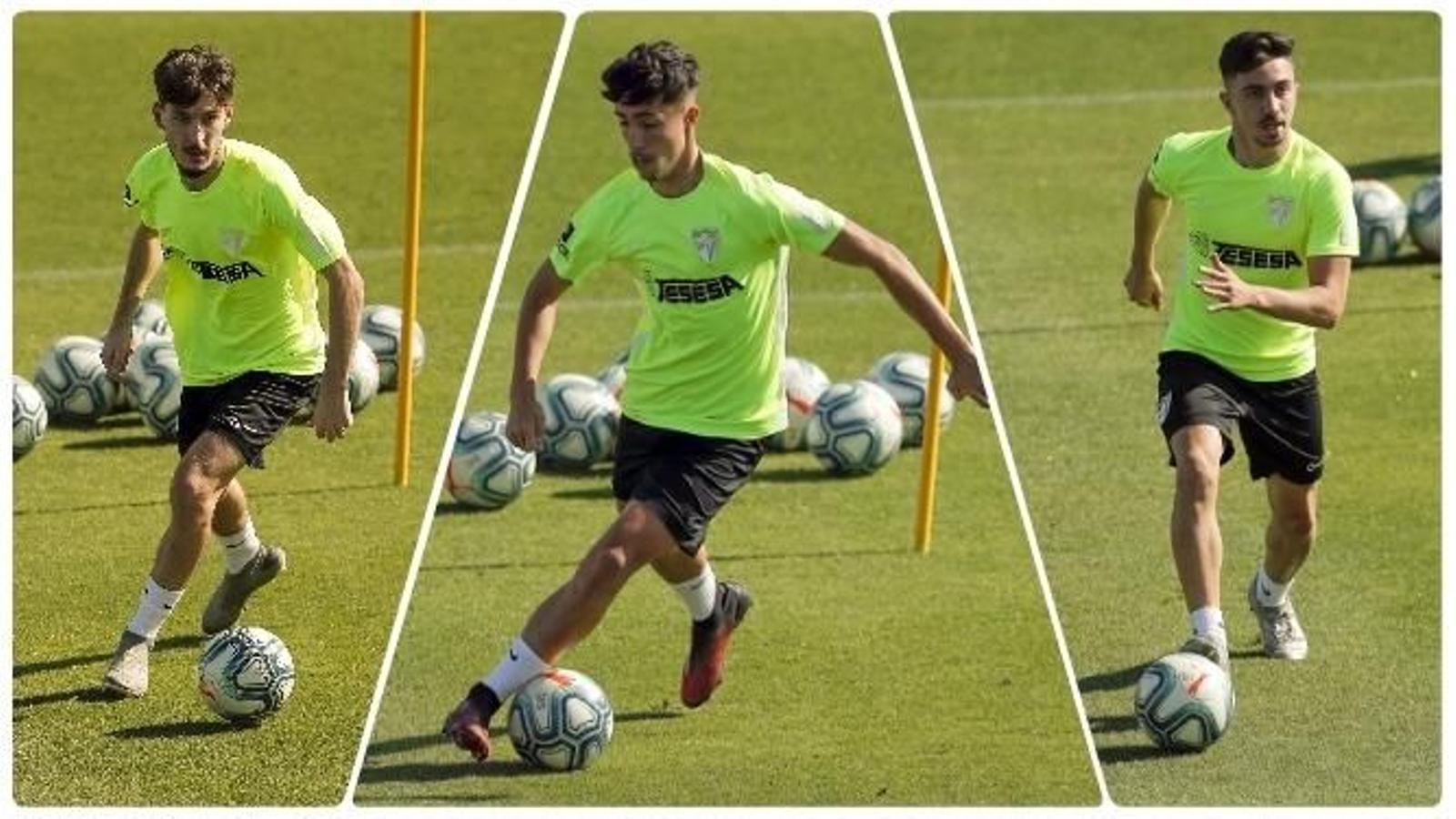 Rafa Camacho, Larrubia y Ale Benítez, durante el entrenamiento de hoy.