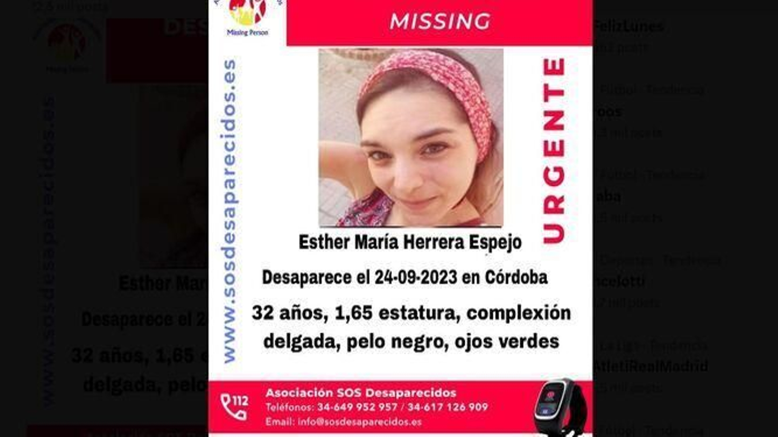 Cartel de SOS Desaparecidos con la imagen de Esther María Herrera.