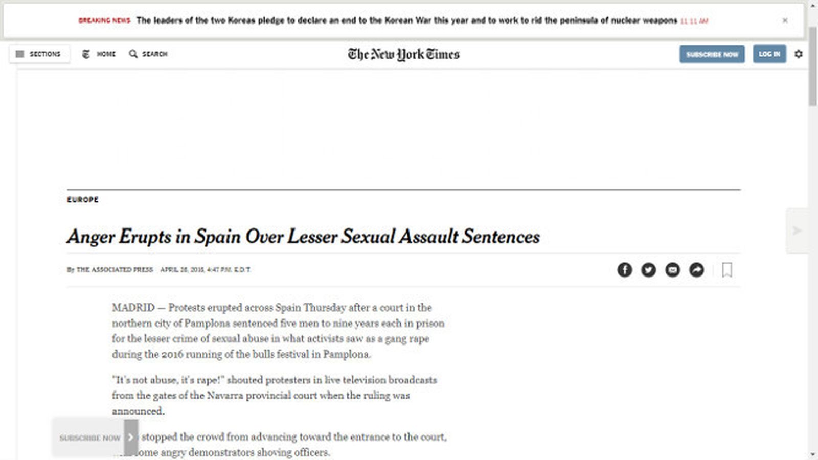 'La cólera estalla en España por las sentencias menores de abuso sexual', titula 'The New York Times'