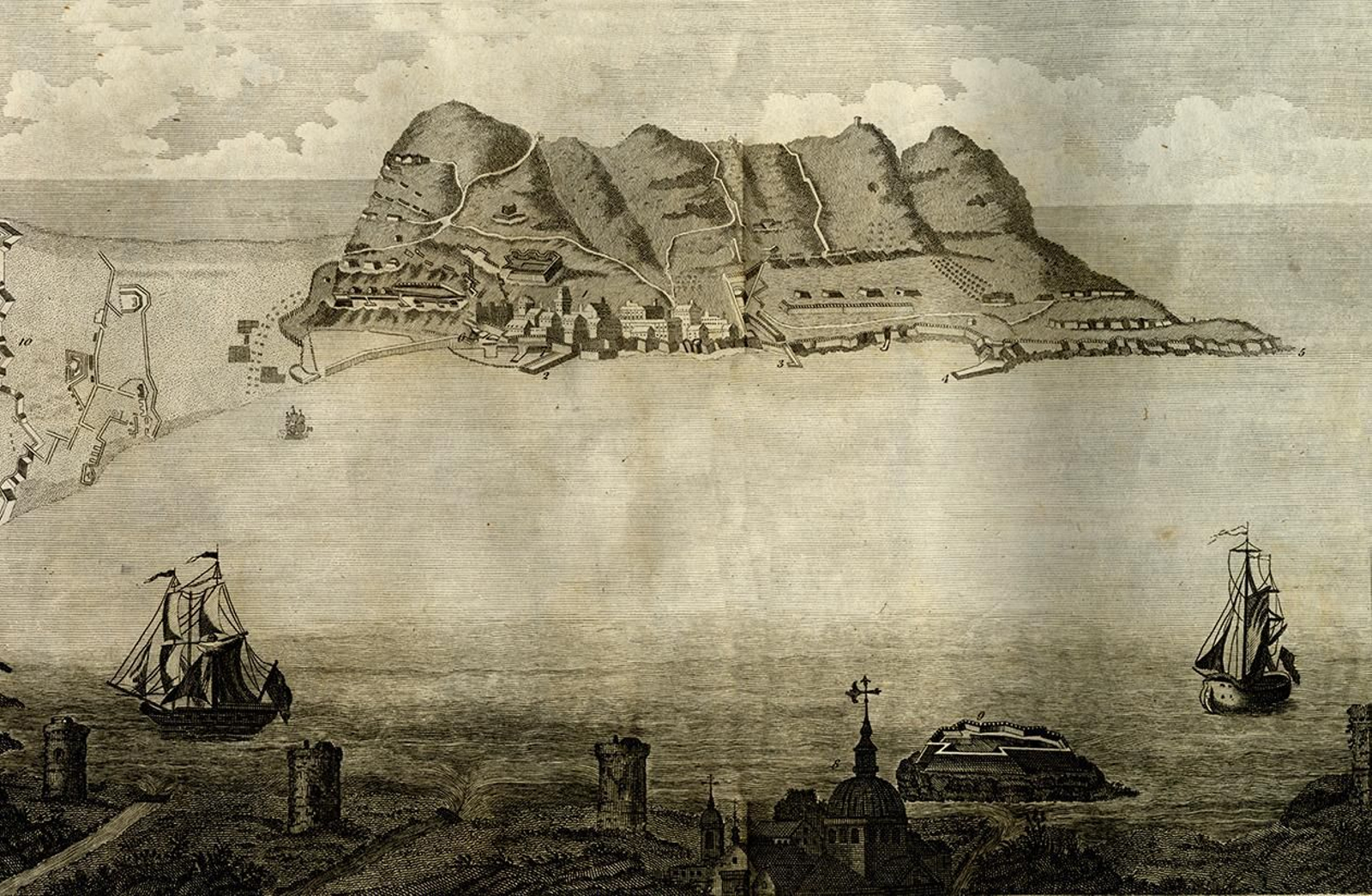 Grabado de Gibraltar y la bahía de principios del siglo XIX.