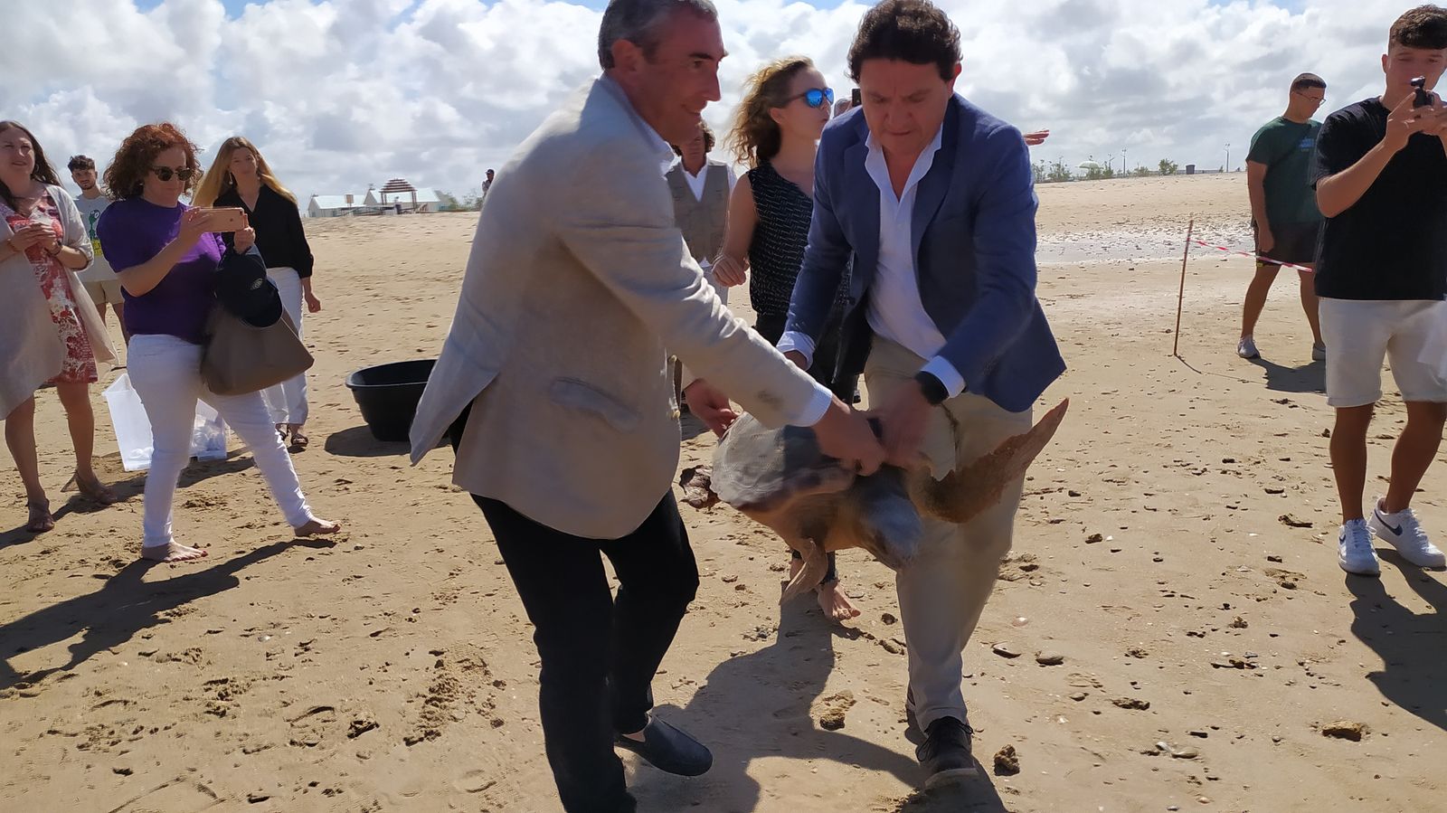 Suelta de tortugas marinas en la playa de Camposoto