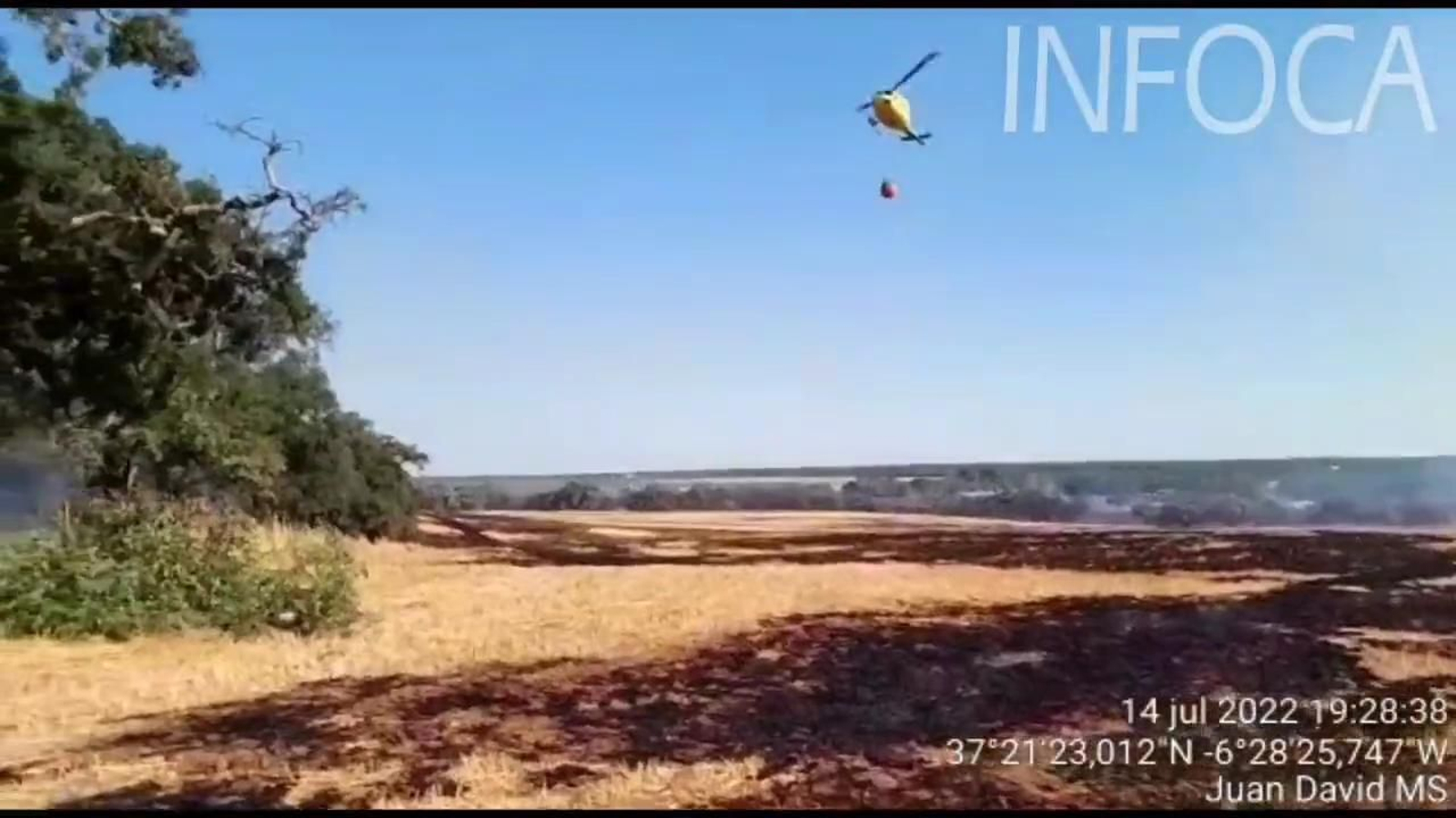 Cinco aviones y tres helicópteros logran estabilizar el fuego en Hinojos. Cinco aviones y tres helicópteros logran estabilizar el fuego en Hinojos.