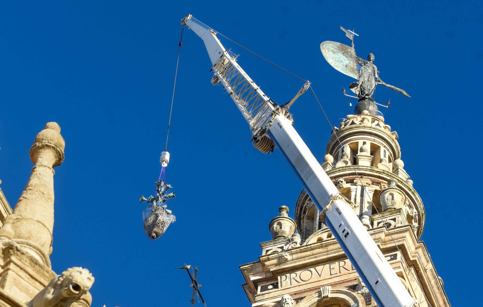 La retirada de las jarras de las azucenas de la Giralda, en imágenes
