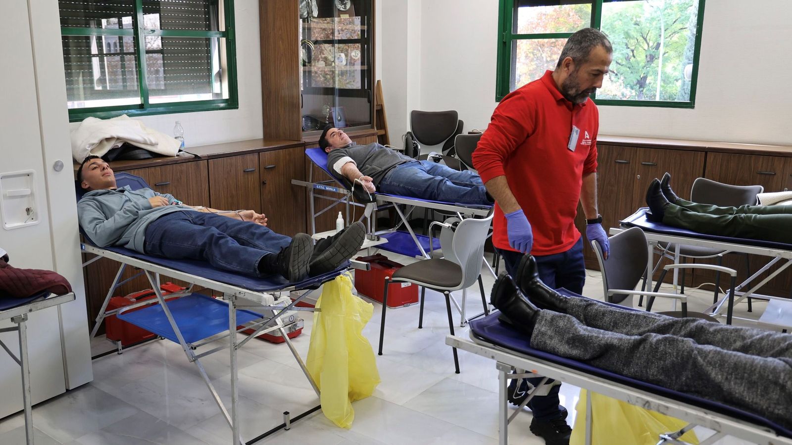 Donaciones en la sala improvisada en la biblioteca del Centro de Transfusión Sanguínea de Sevilla.