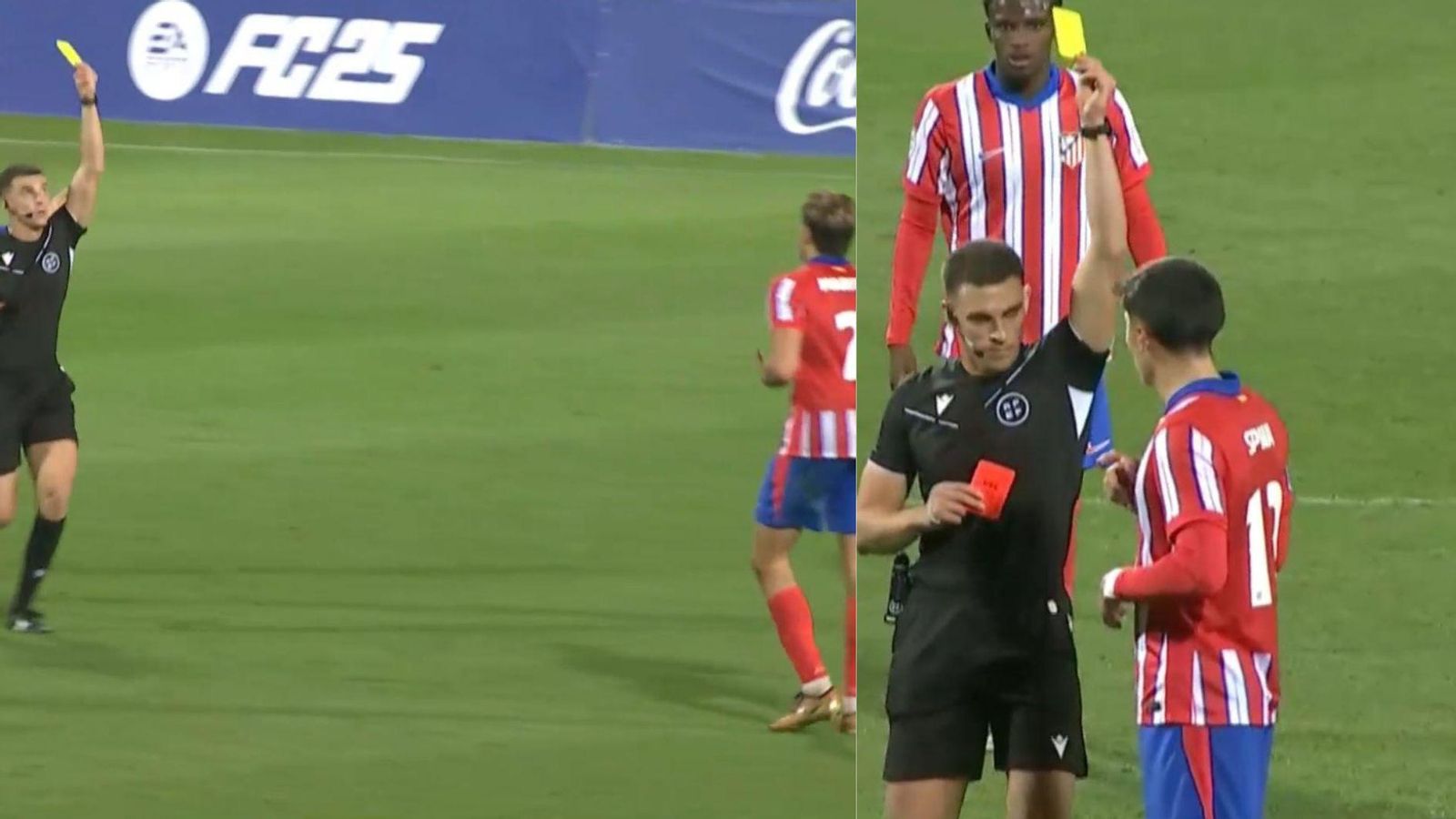 Clemente Ortuño le muestra la amarilla a Martín Pascual. En la derecha, a Spina.