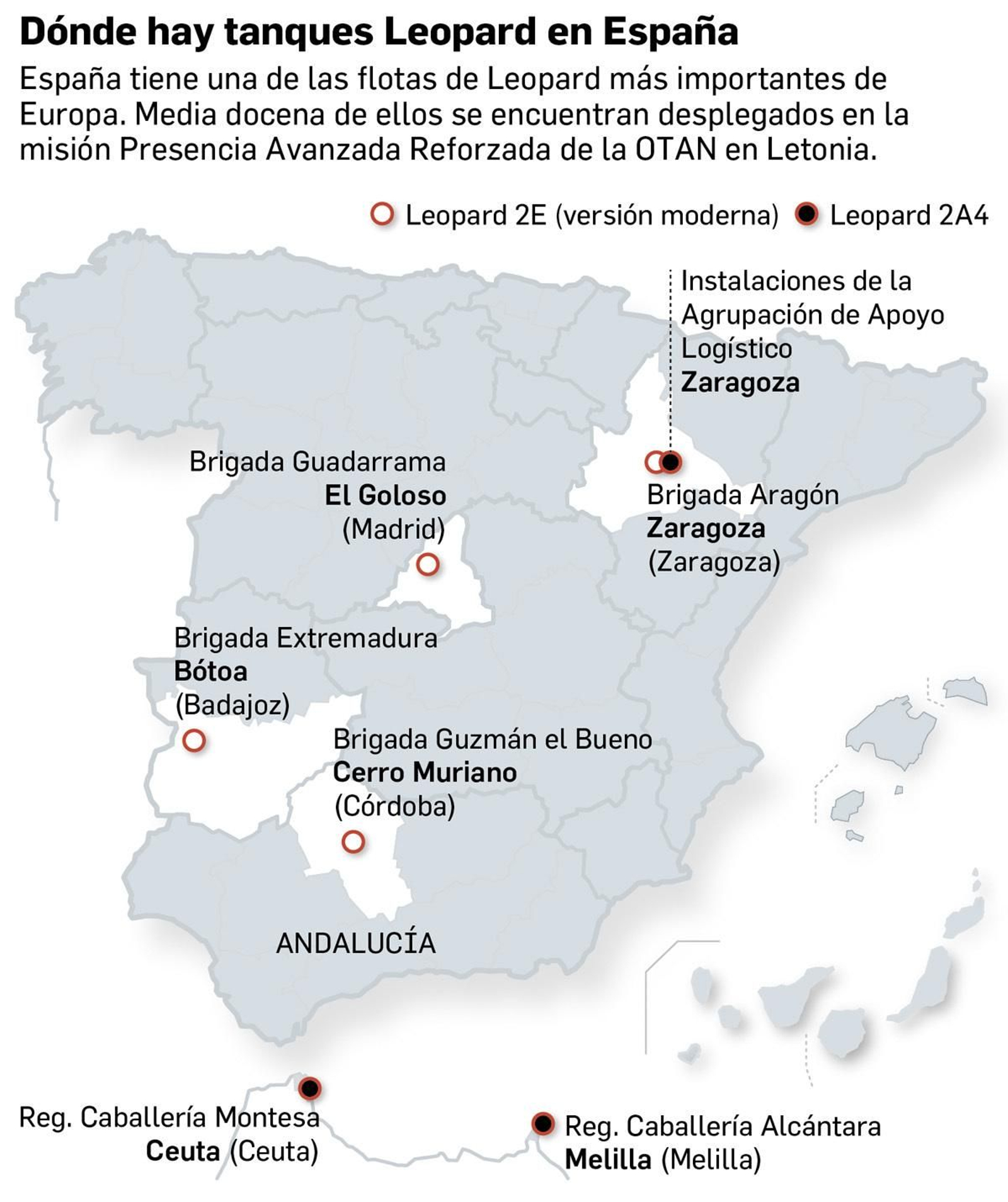 Dónde hay tanques Leopard en España. Fuente: agencias, elaboración propia y Ministerio de Defensa. Dónde hay tanques Leopard en España. Fuente: agencias, elaboración propia y Ministerio de Defensa.