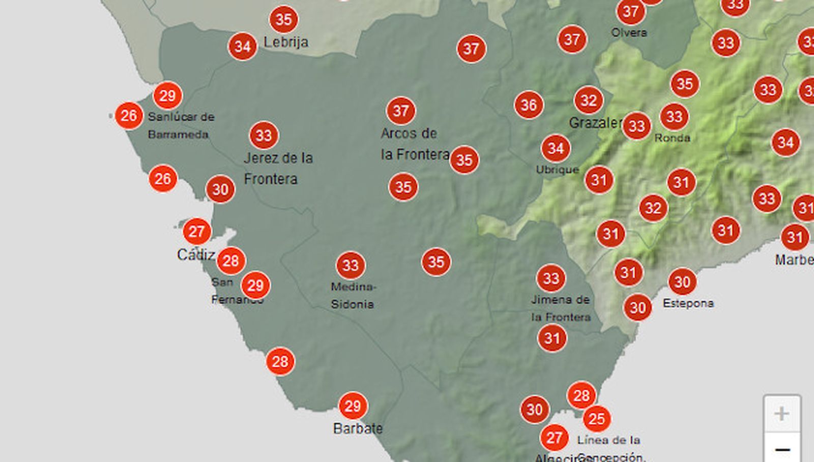 Temperaturas máximas previstas para este miércoles.