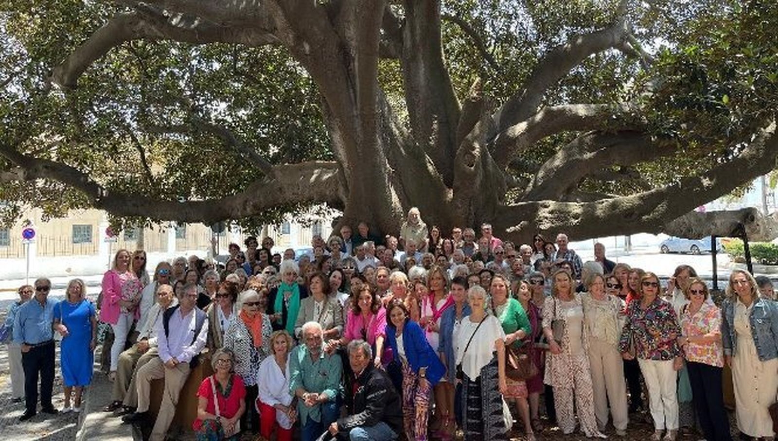 El grupo de antiguos compañeros que estuvo presente en el encuentro del ‘Sentimiento del Mora’, durante la foto familiar delante del ficus.