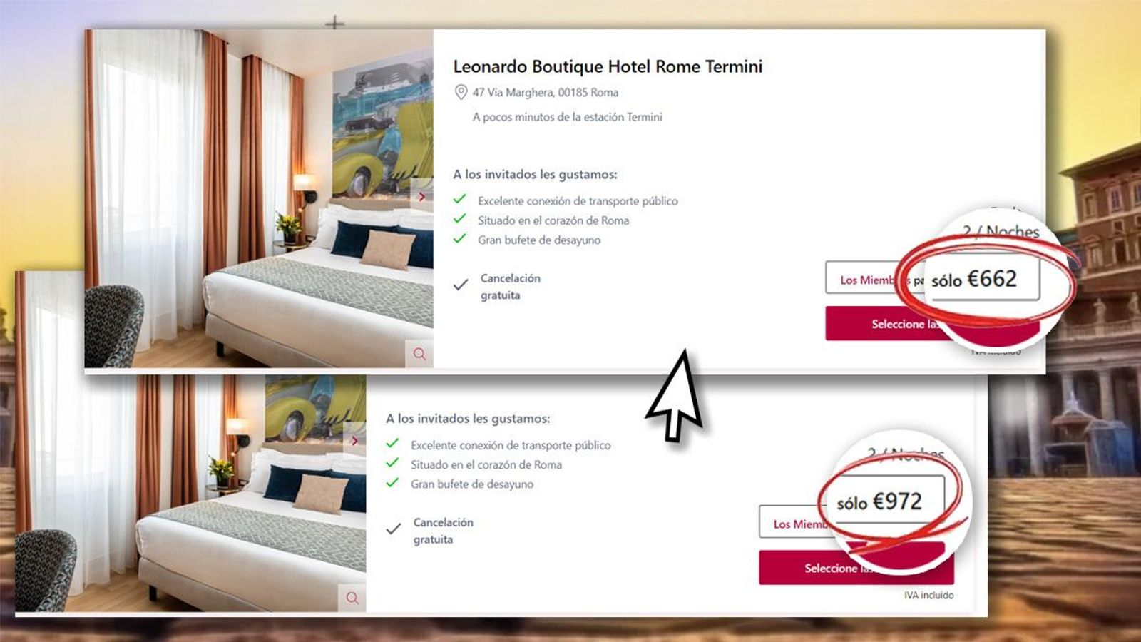 Precio desde el 16 al 18 de mayo de 2024, y la misma fecha en 2025