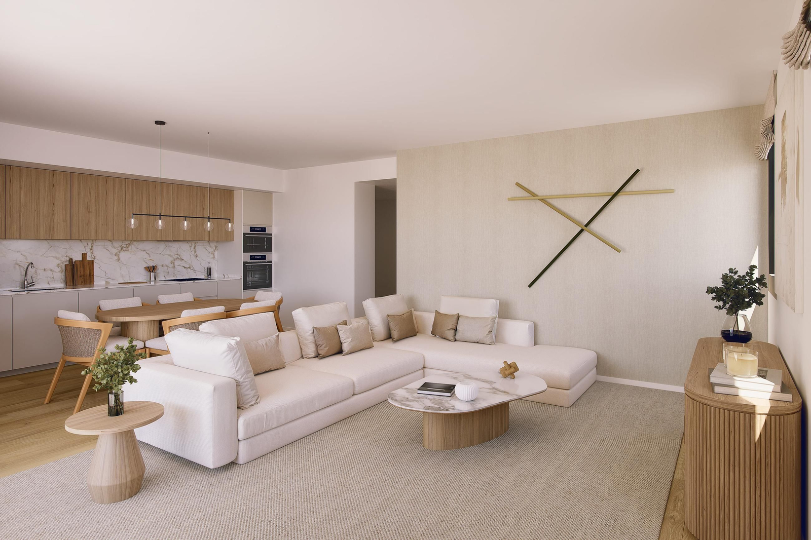 Así será el salón de las futuras viviendas de la promoción Nura de AEDAS Homes en Granada.