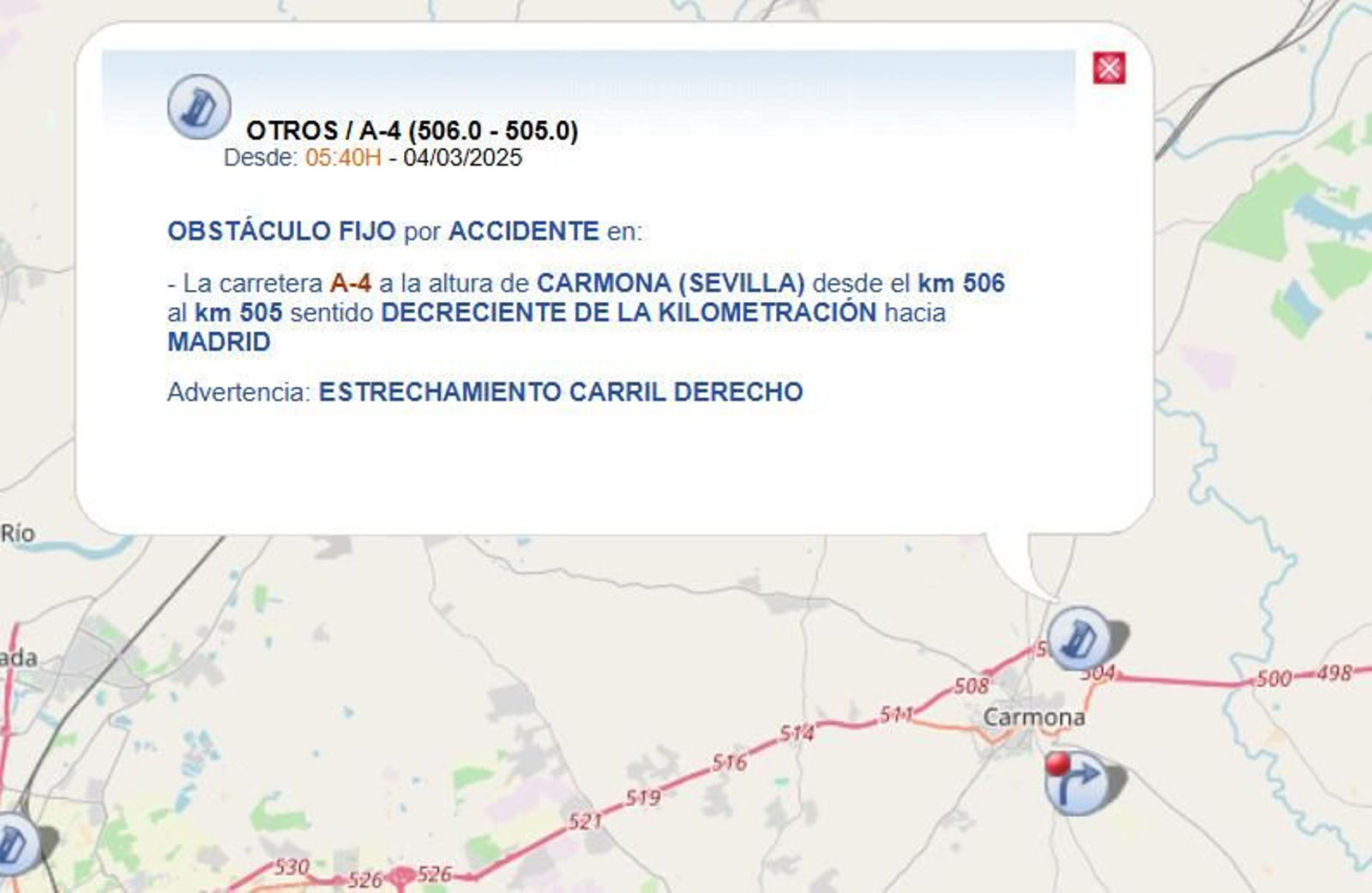 Aviso del accidente ocurrido en Carmona esta madrugada