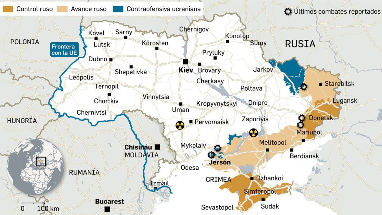 Situación actual de los combates entre Rusia y Ucrania. Fuente: Understandingwar.com