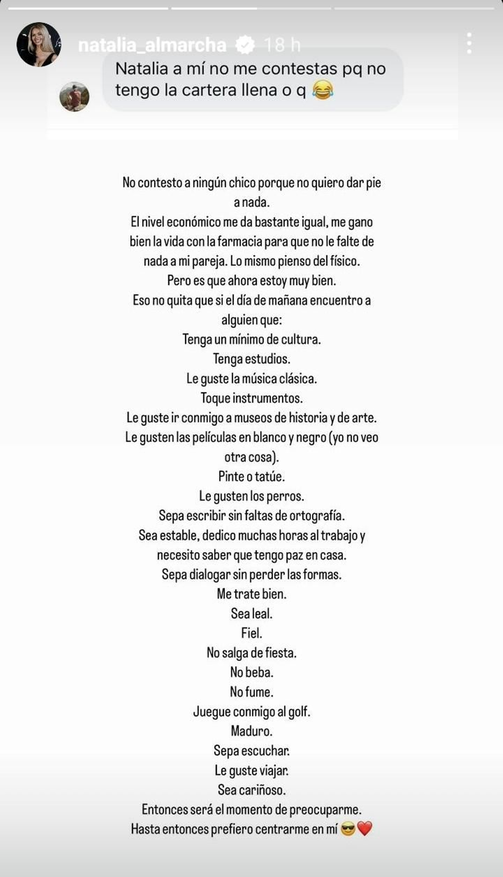 La 'story' con la serie de requisitos para conquistar el corazón de Natalia Almarcha.
