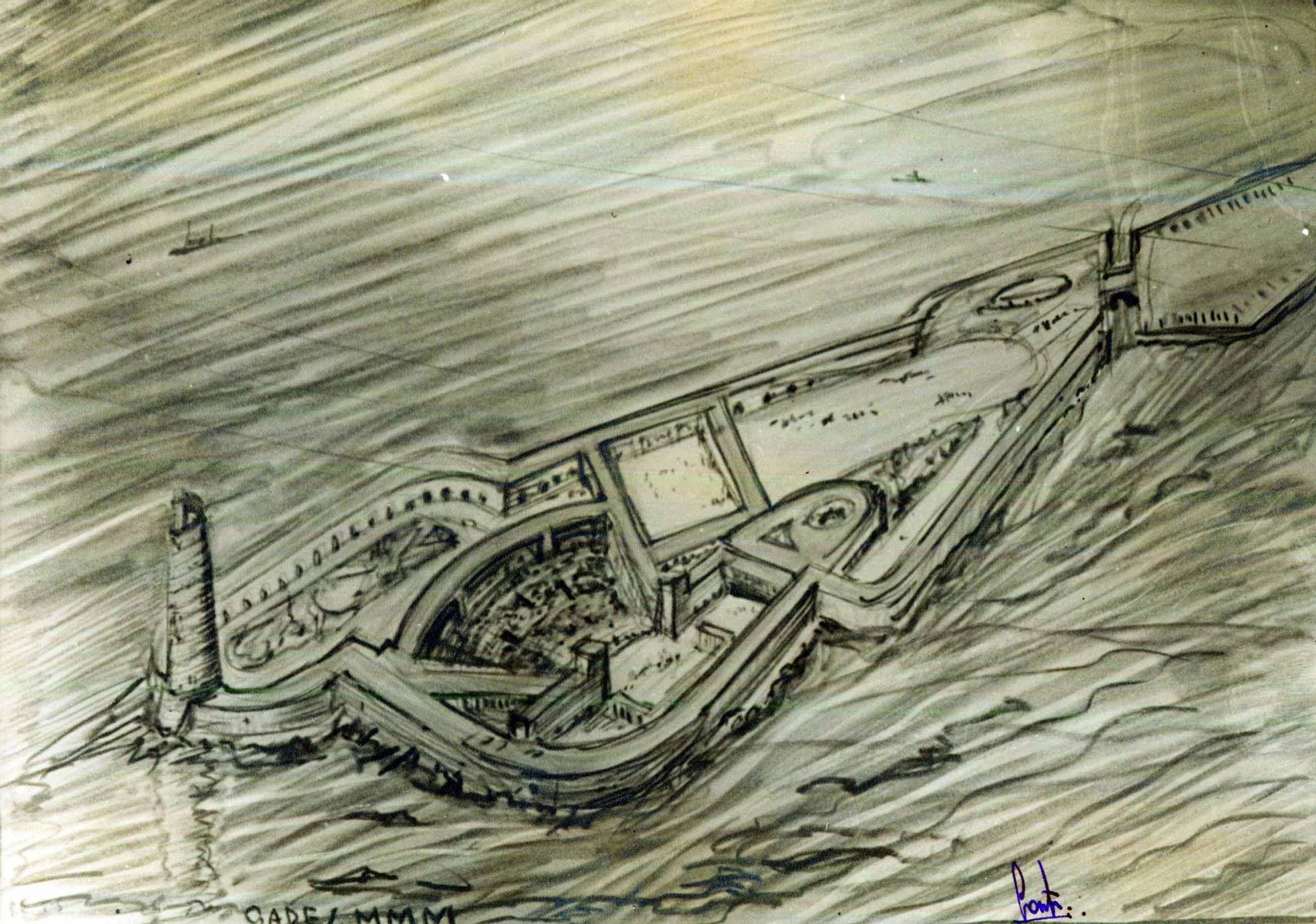 Dibujo del Teatro Marino diseñado por Fernández-Shaw en el Castillo de San Sebastián.