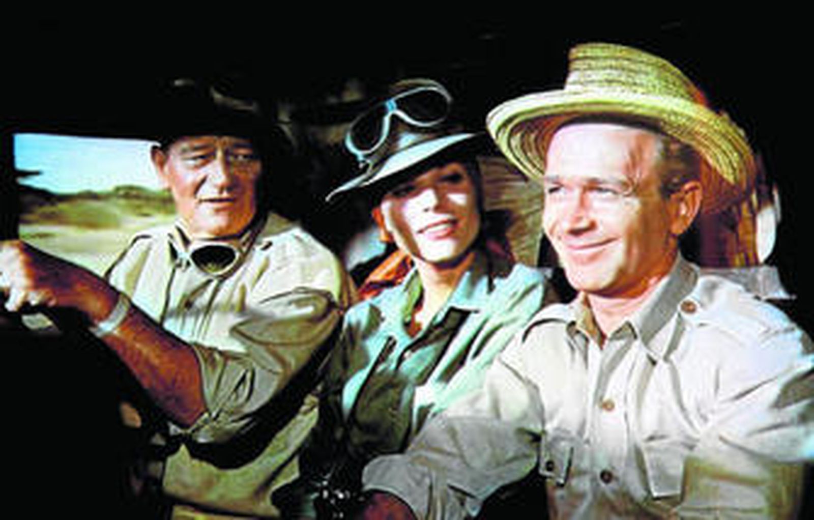 1. '¡Hatari!', dirigida por Howard Hawks y protagonizada por John Wayne. 2. Clark Gable y Ava Gardner, en 'Mogambo', uno de los trabajos menos inspirados de John Ford. 3. Humphrey Bogart y Katharine Hepburn, en 'La reina de África'.