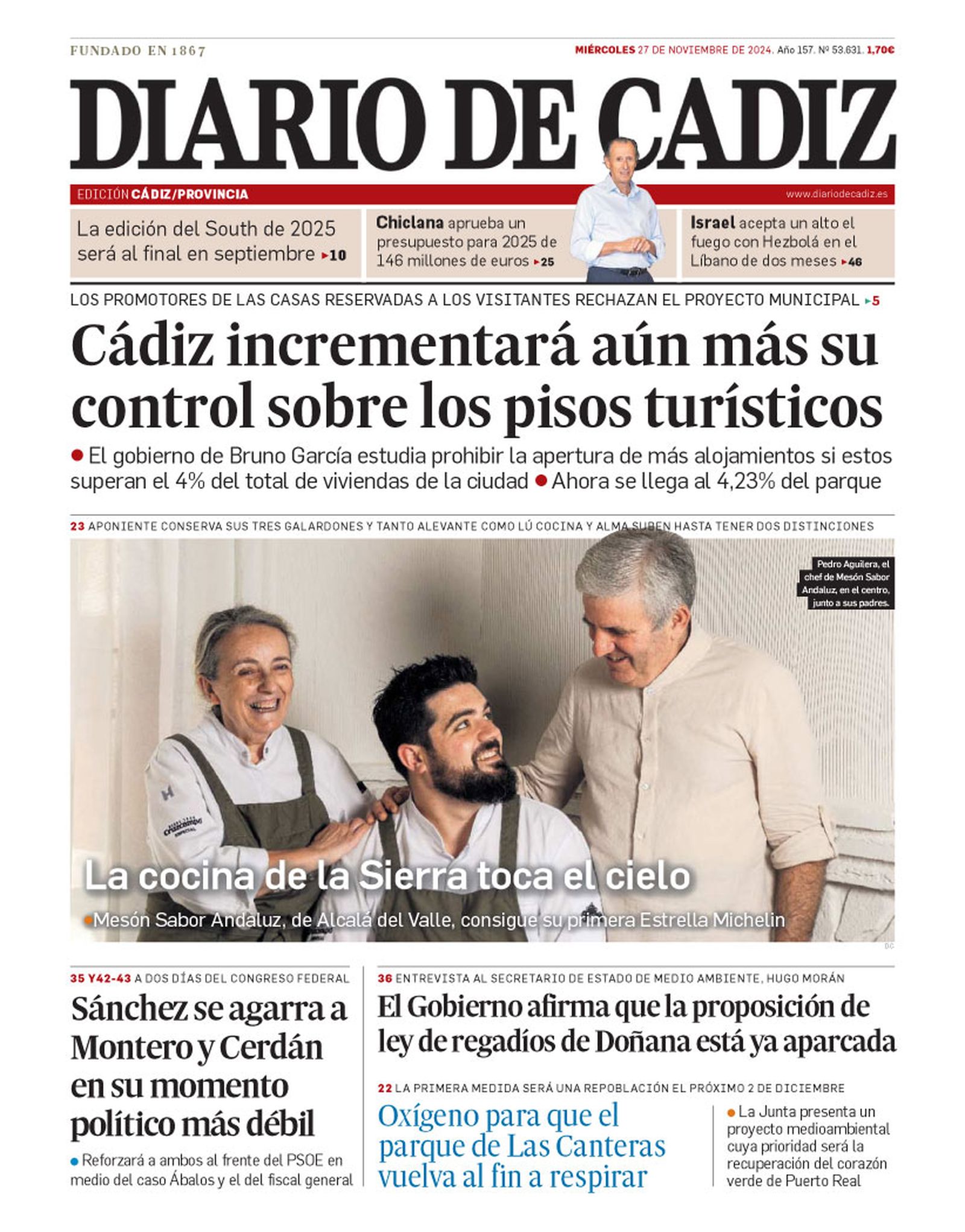 27 de noviembre. La primera Estrella Michelin premia la cocina serrana de Mesón Andaluz en Alcalá del Valle.