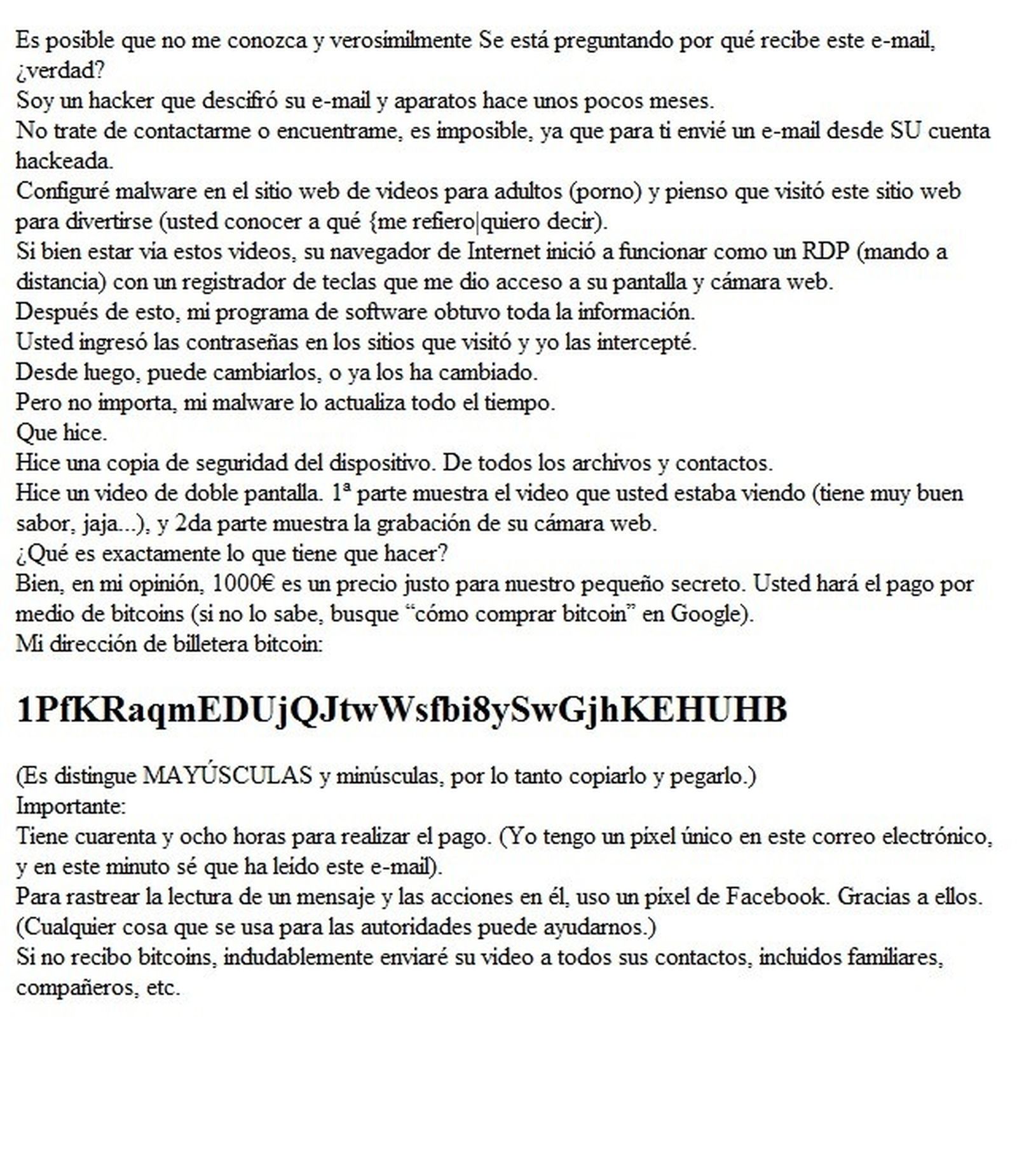 Texto del correo fraudulento.