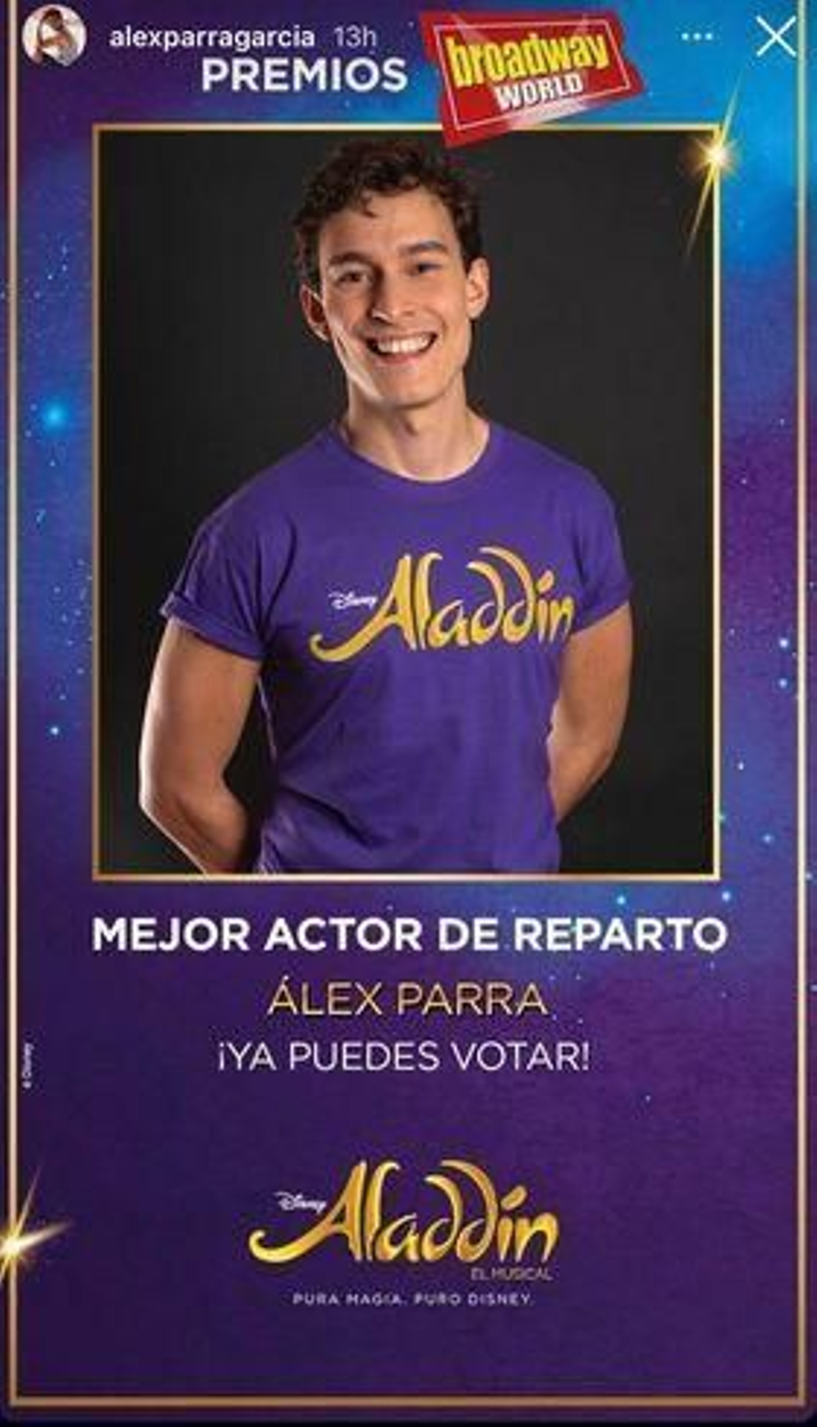 El actor portuense Alex Parra, nominado como mejor actor de reparto  Aladdin.