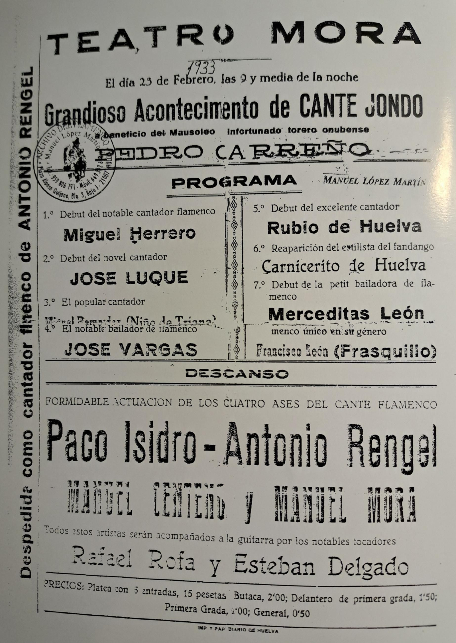 4. Cartel de despedida de Rengel como profesional del cante, 23 febrero 1933. 4. Cartel de despedida de Rengel como profesional del cante, 23 febrero 1933.