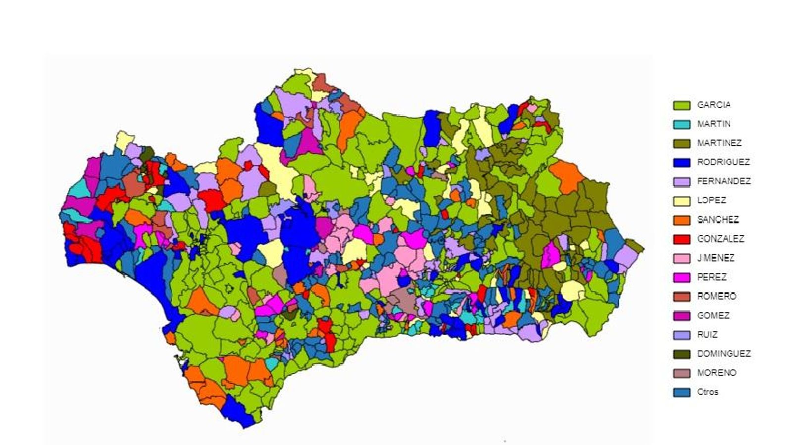 Mapa de Andalucía donde se muestra los apellidos más frecuentes en cada provincia y municipio.