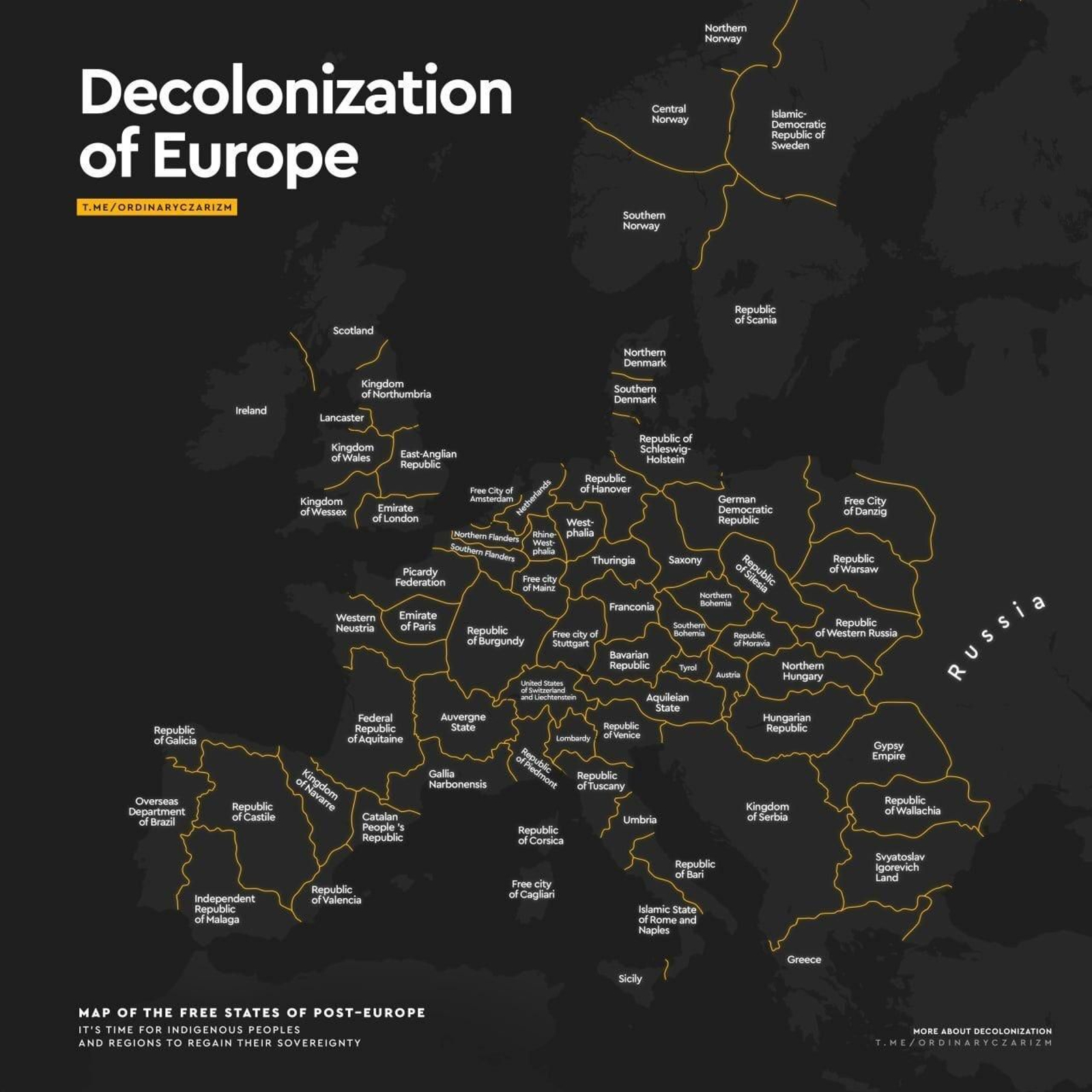 El mapa que circula en redes sociales con una Europa dividida por Rusia.