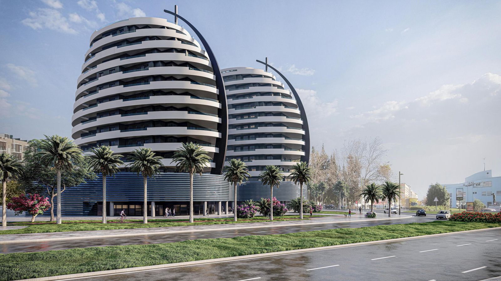 Vista del complejo residencial proyectado y los nuevos viarios y jardines desde la avenida Molino de la Vega.