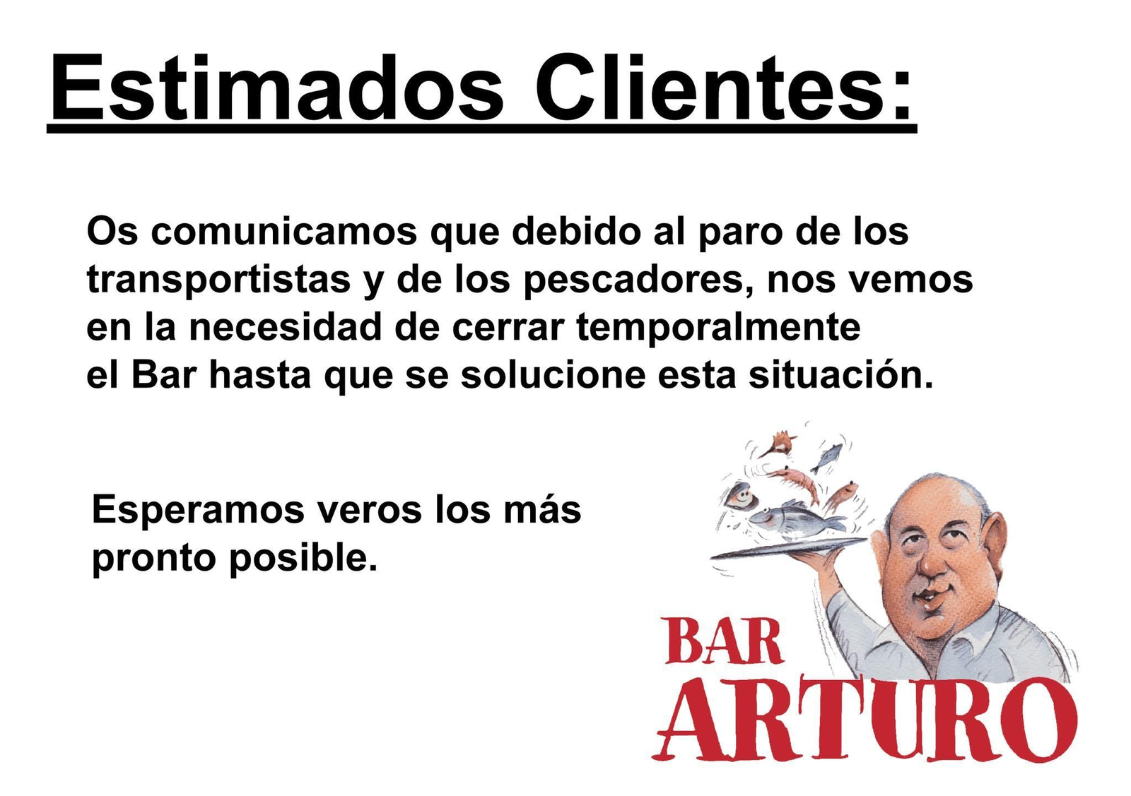 Anuncio del cierre temporal colgado en redes por el Bar Arturo.