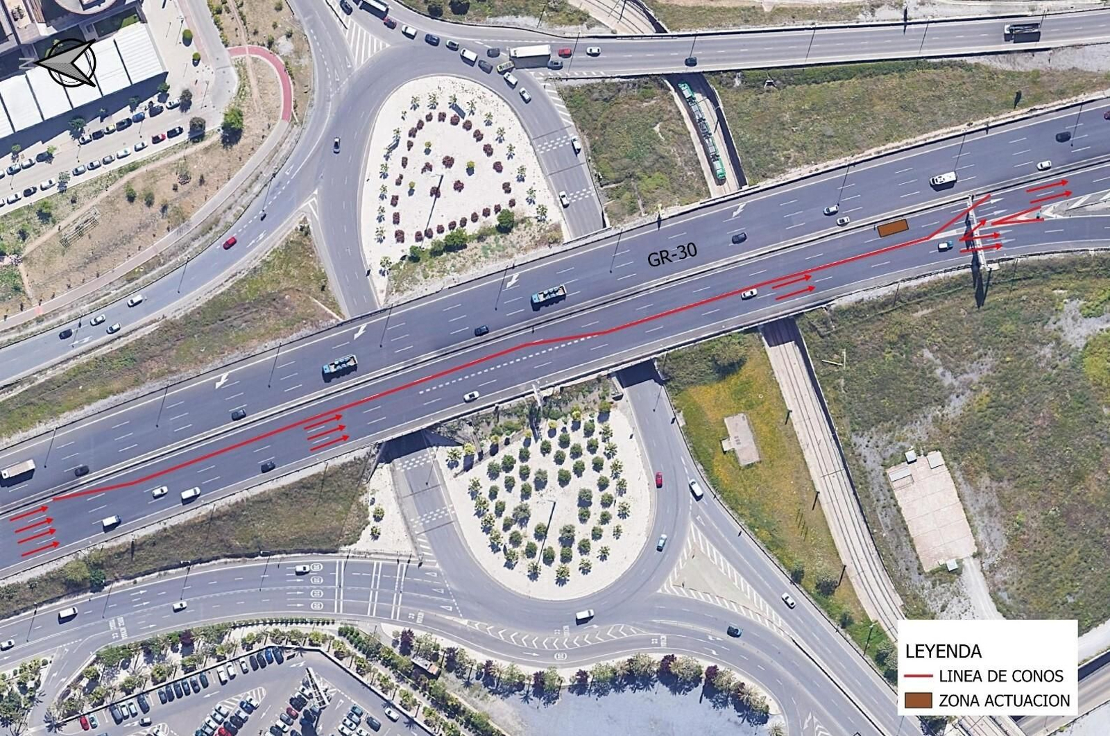 Esquema del corte de tráfico en la Circunvalación de Granada