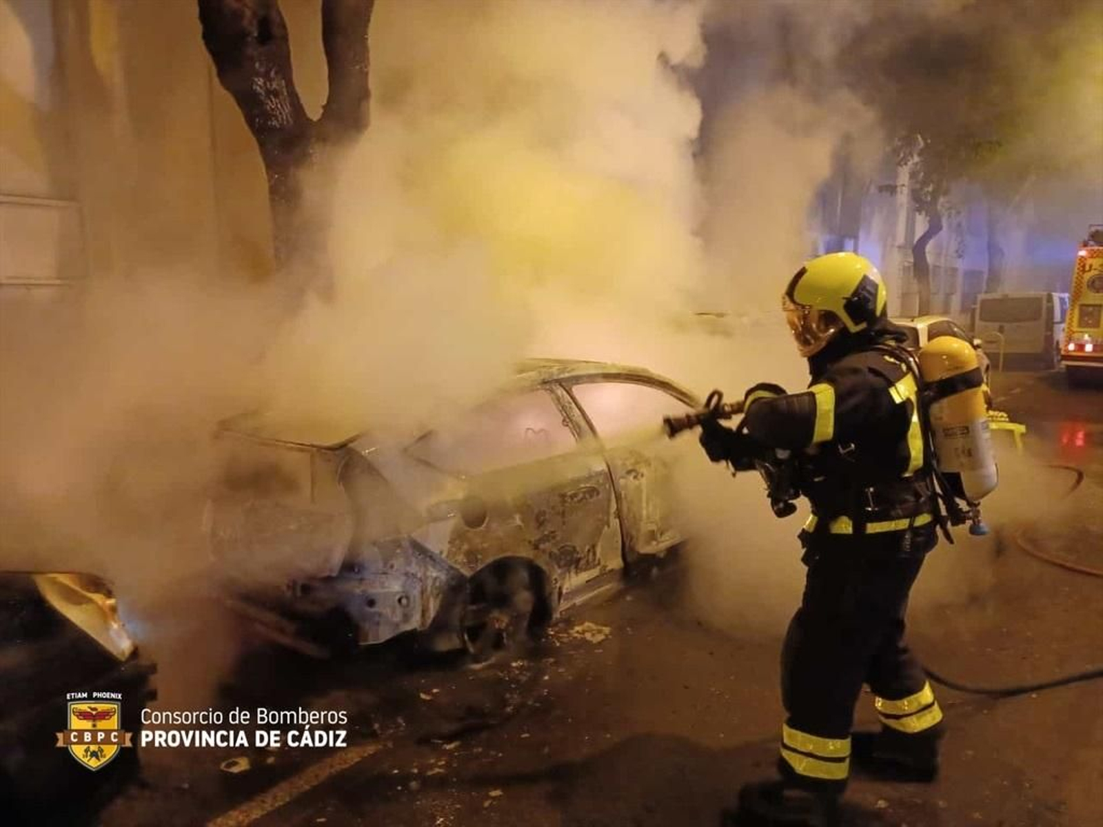 Un bombero trabaja en la extinción del incendio de tres vehículos en la calle Brunete.