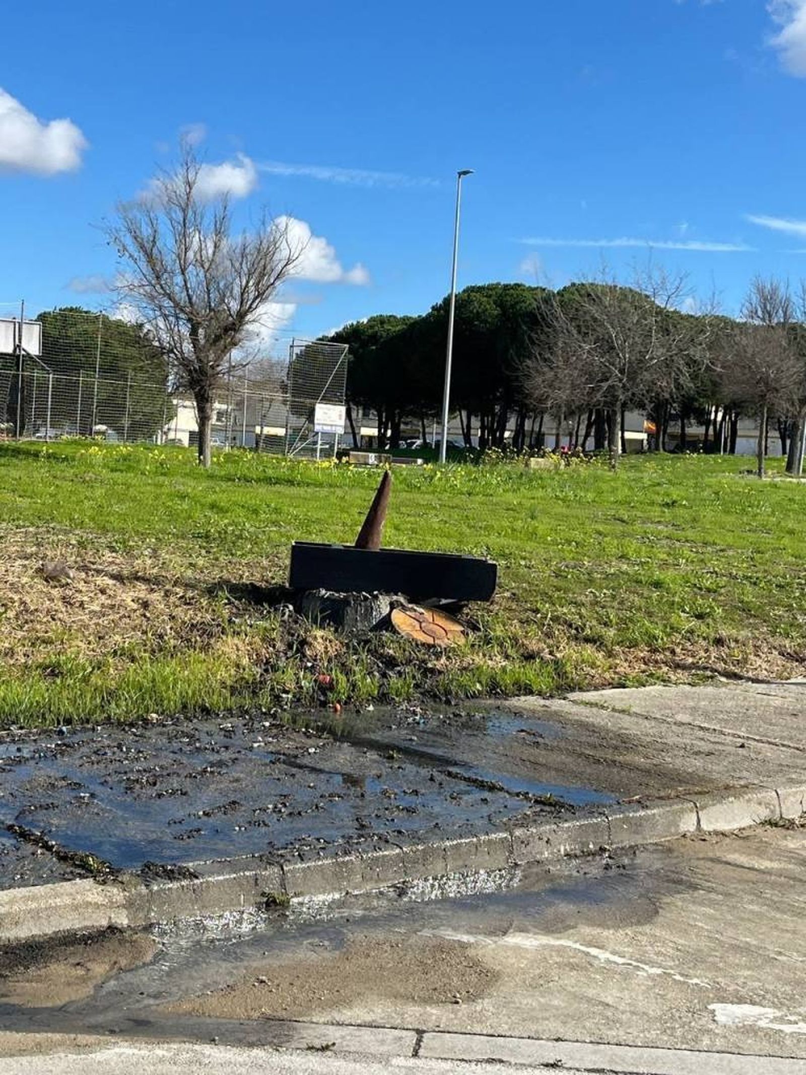 Una alcantarilla colapsada y vertiendo aguas negras junto a una zona verde en el Poblado Naval.