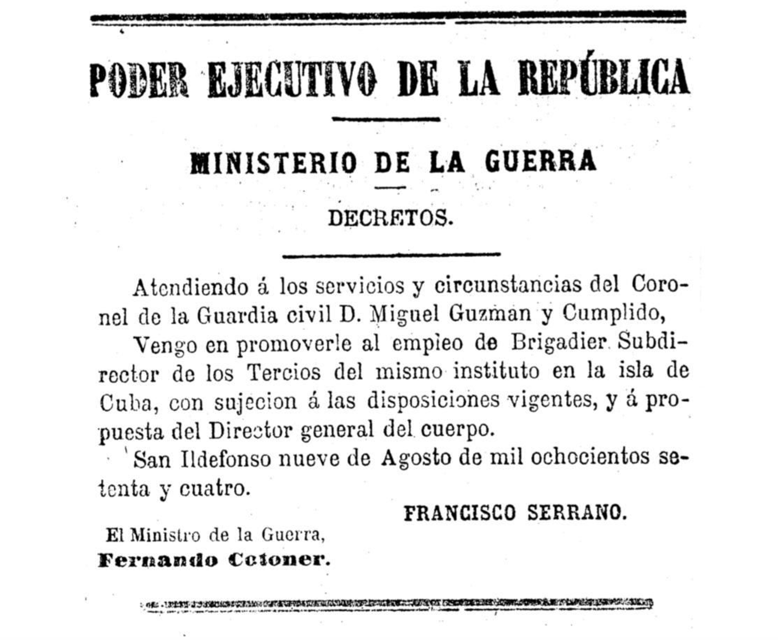 Decreto ascendiendo y destinando al Brigadier de la Guardia Civil Miguel Guzmán Cumplido.