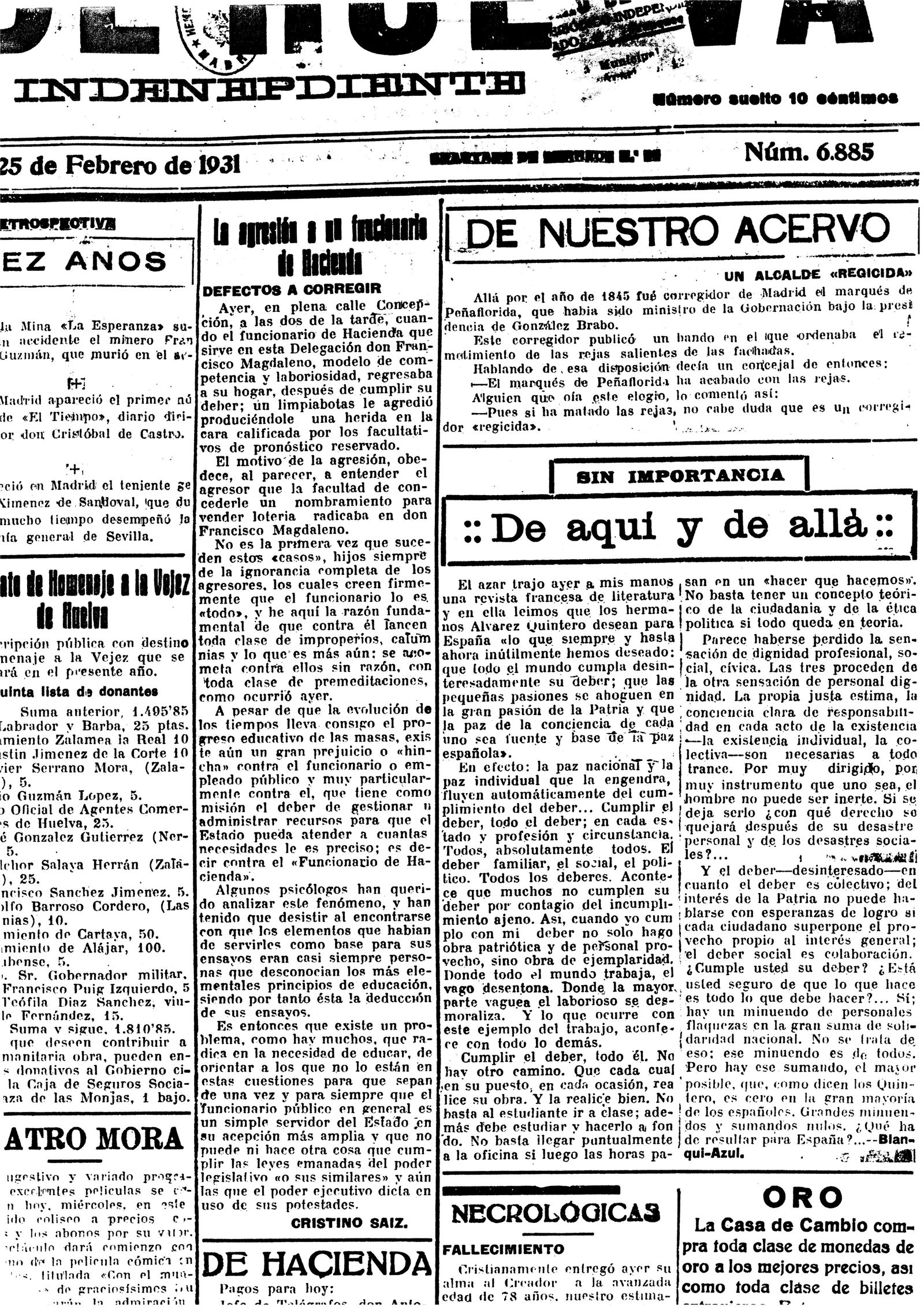 Extracto del Diario de Huelva del 25 de febrero de 1931, con el artículo de Ponce Bernal aquí reproducido.