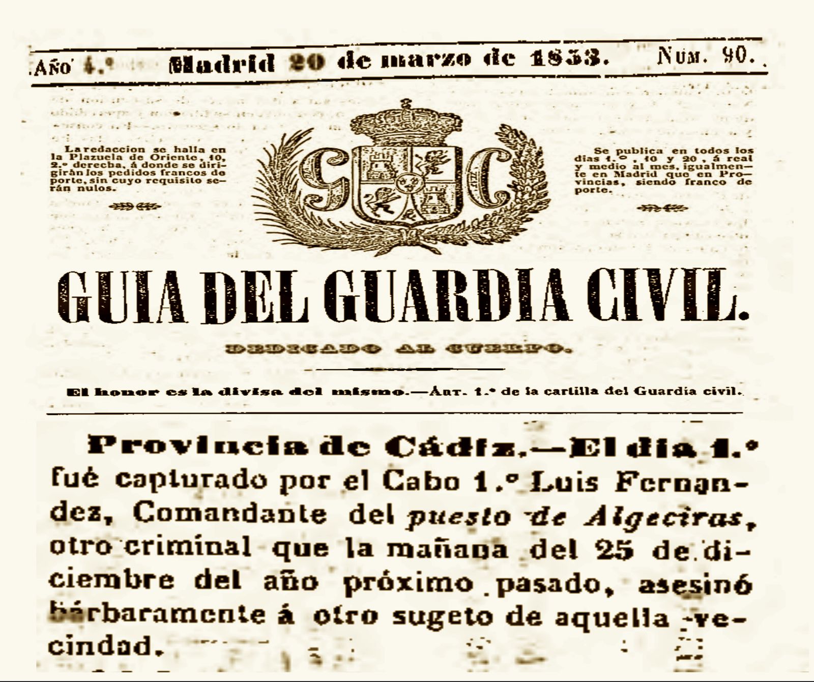Servicio del puesto de Algeciras publicado en el 'Guía del Guardia Civil' núm. 90  (20 de marzo de 1853). 