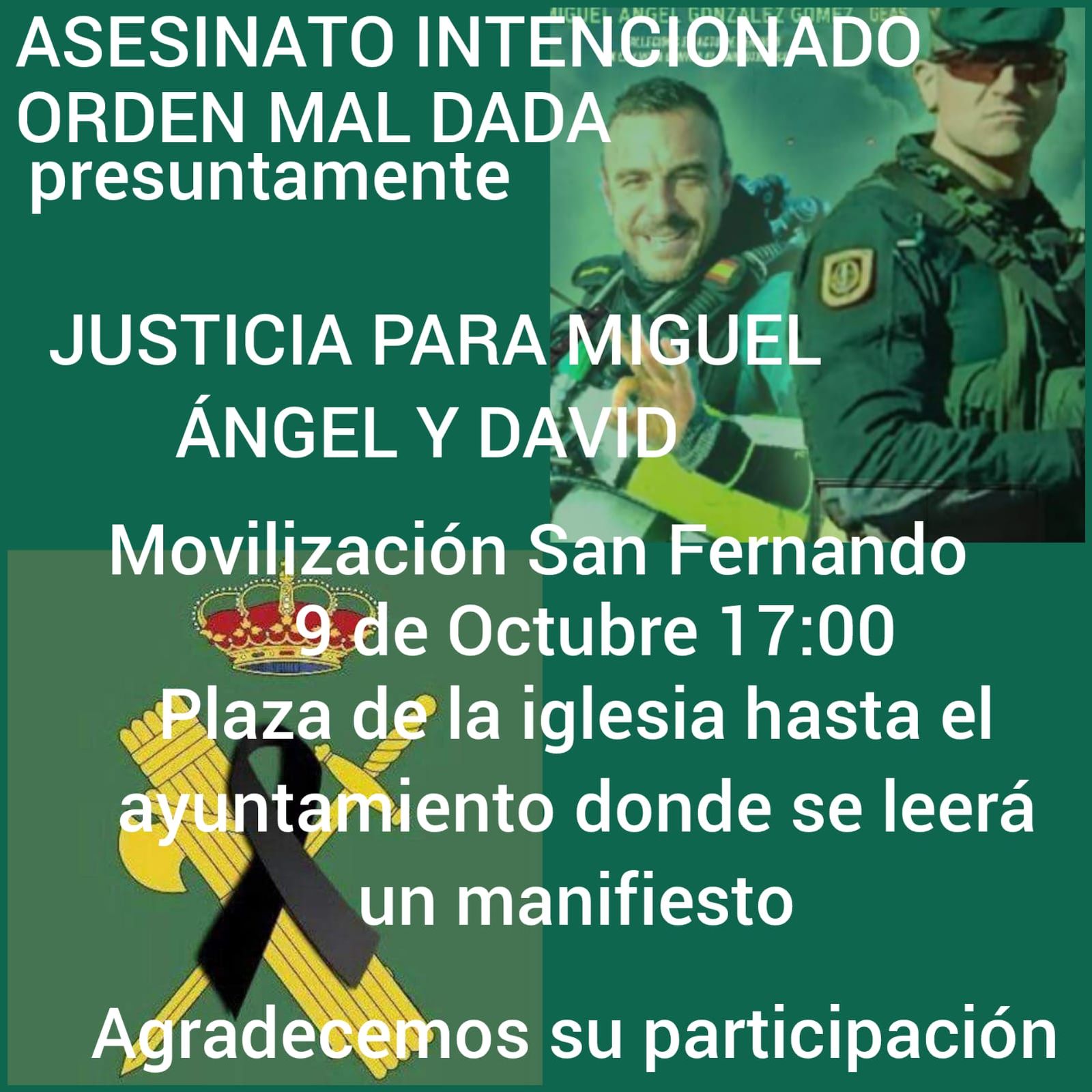 Convocatoria de la protesta para pedir justicia por los guardias civiles asesinados en Barbate