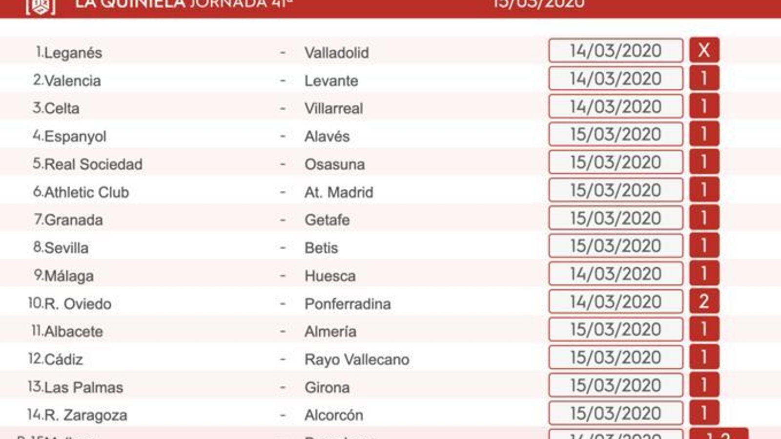 Boleto de la quiniela de esta jornada del 15 de marzo.
