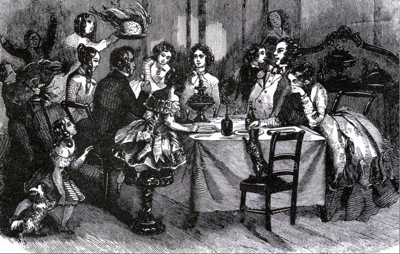 Grabado victoriano recreando una cena navideña con el Christmas Pudding.