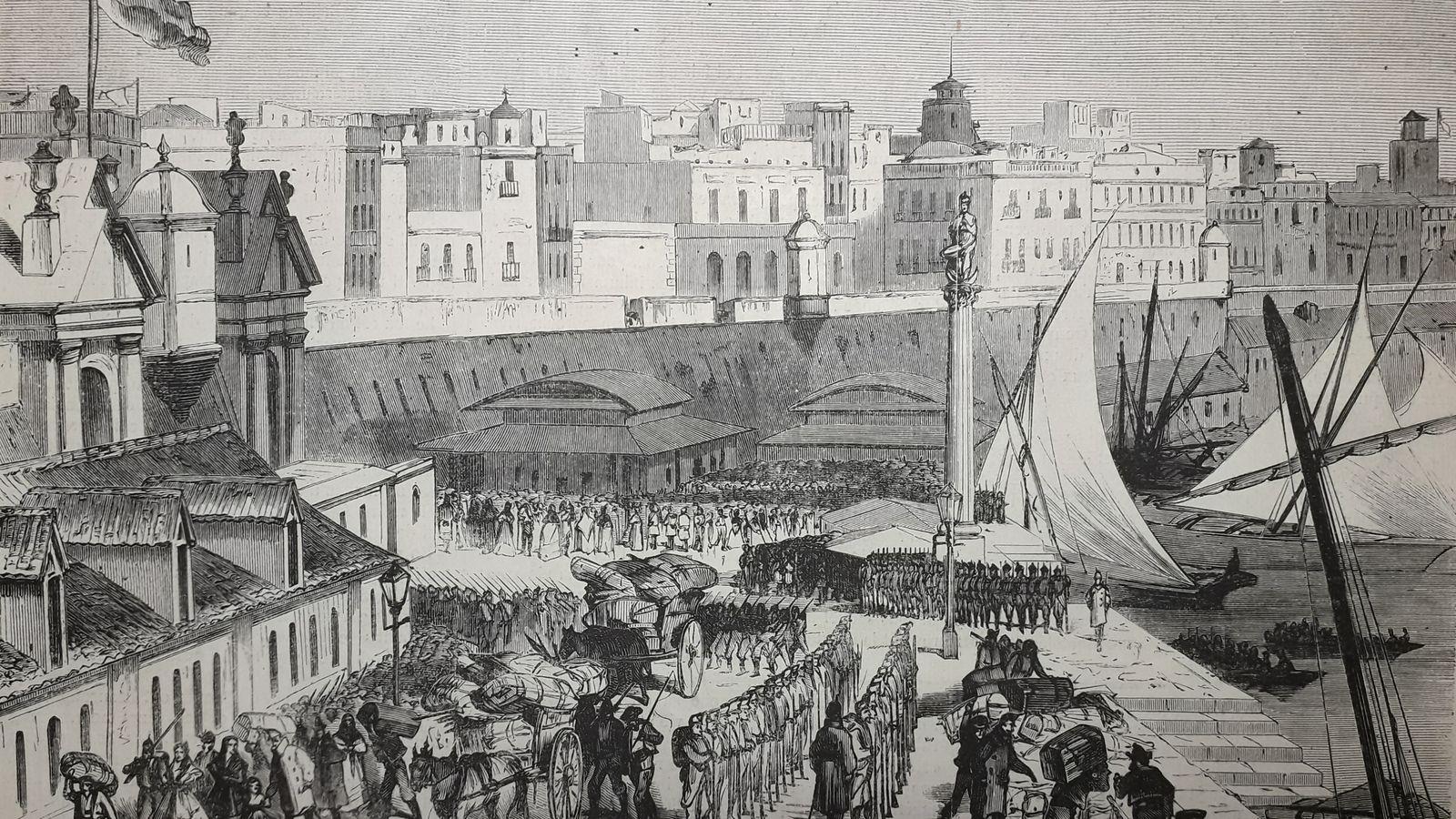 Grabado francés donde vemos a la población escapando durante el armisticio por la Puerta del Mar rumbo a los pueblos de la Bahía.