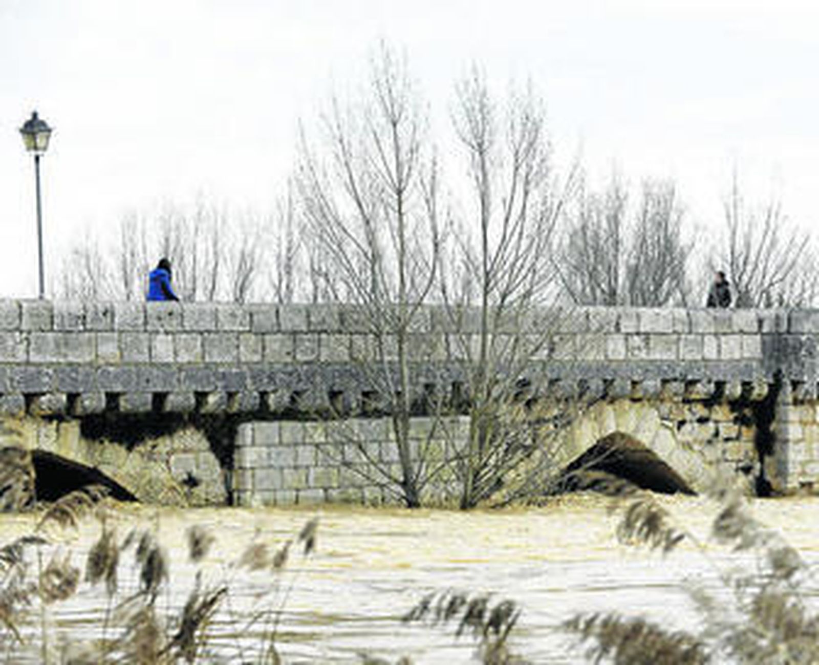 Crecida de Pisuerga ayer bajo el puente medieval de la localidad vallisoletana de Simancas a causa del temporal.