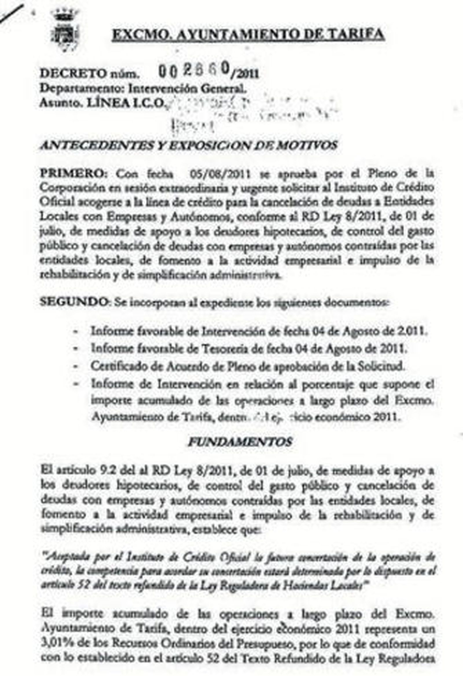 Reproducción del decreto de Alcaldía del 6 de octubre en el que Gil aprueba la concertación del crédito ICO con el Banco Santander.